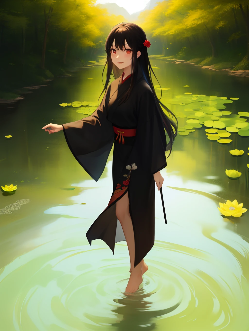 ((4k,masterpiece,best quality)), shuimobysim, Traditional chinese painting, lotuses, Hanfu, maxiskit, Dress conservatively 1girl, solo, cabelos preto e longos, ssmile, standing on your feet, Feet in the water, The barefoot,Red eyes