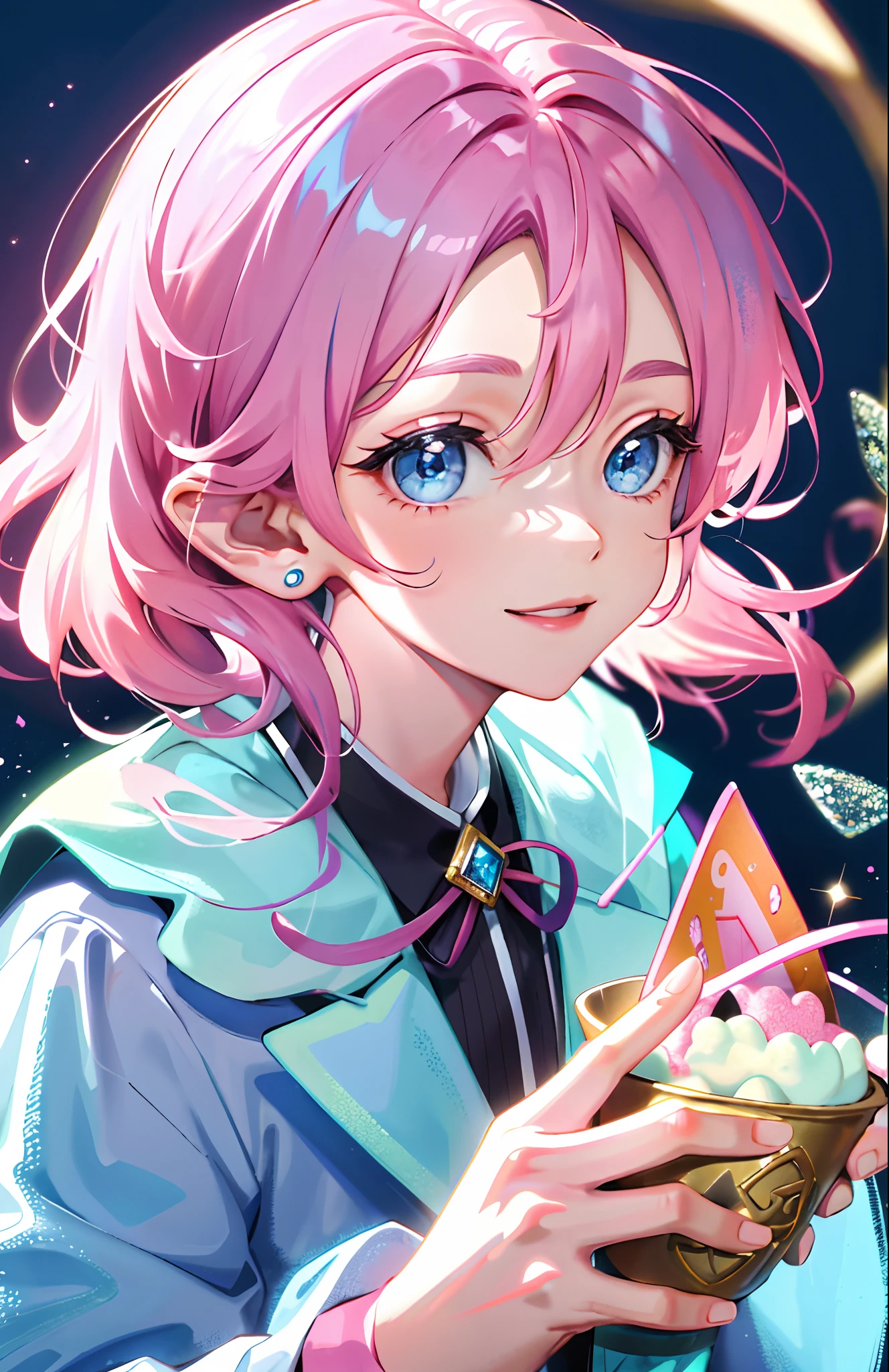 younge boy，独奏，A separate photo of a person，Pink hair，Light blue eyes，ssmile，Confectionery，adolable，gracefulness，A masterpiece，facial closeups，Leprechaun ears，Childish and cute，