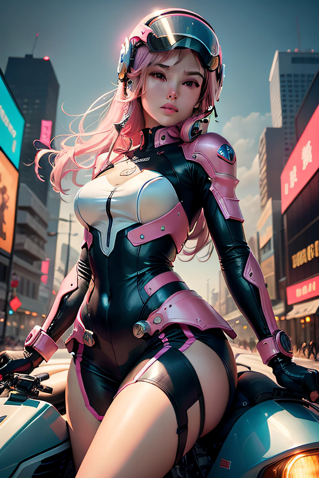 full bodyesbian，Highest image quality，Outstanding details，超高分辨率，（fidelity：1.4），The best illustration，Favor the details，Highly cohesive 1girl，He has a delicate and beautiful face，Dressed in pink mechs，Battle skirts，wearing a mech helmet，Hold the direction controller，Riding on a motorcycle，The background is a high-tech lighting scene in the future city。