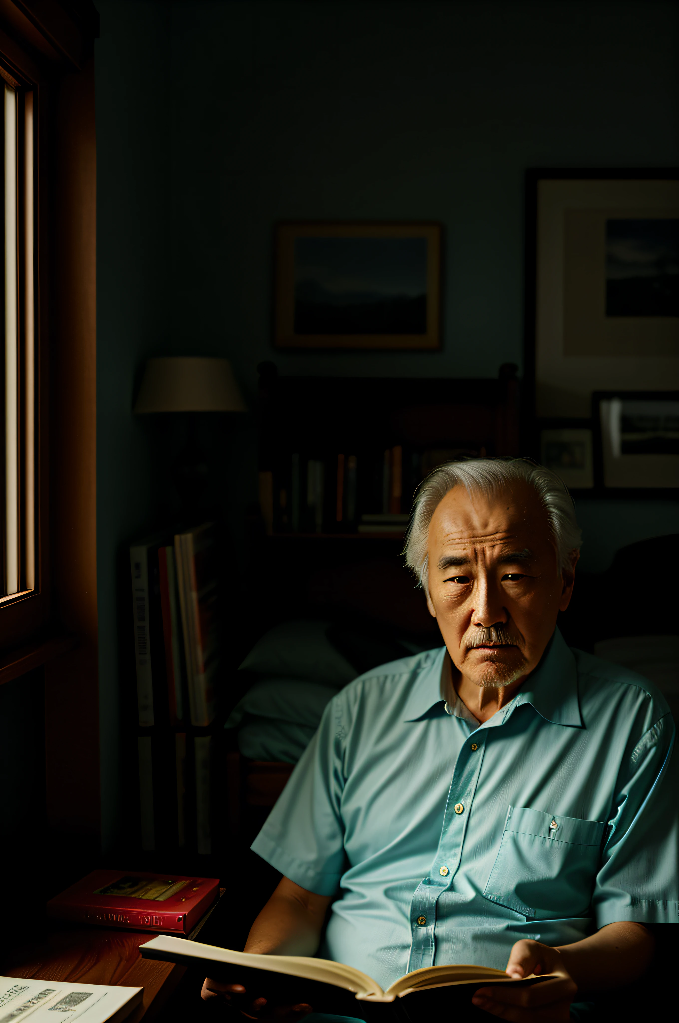 A man is reading a book in his room, by Ni Yuanlu, by Juan Giménez, christopher c. lee, inspired by Mór Adler, frame from a movie, wise old man