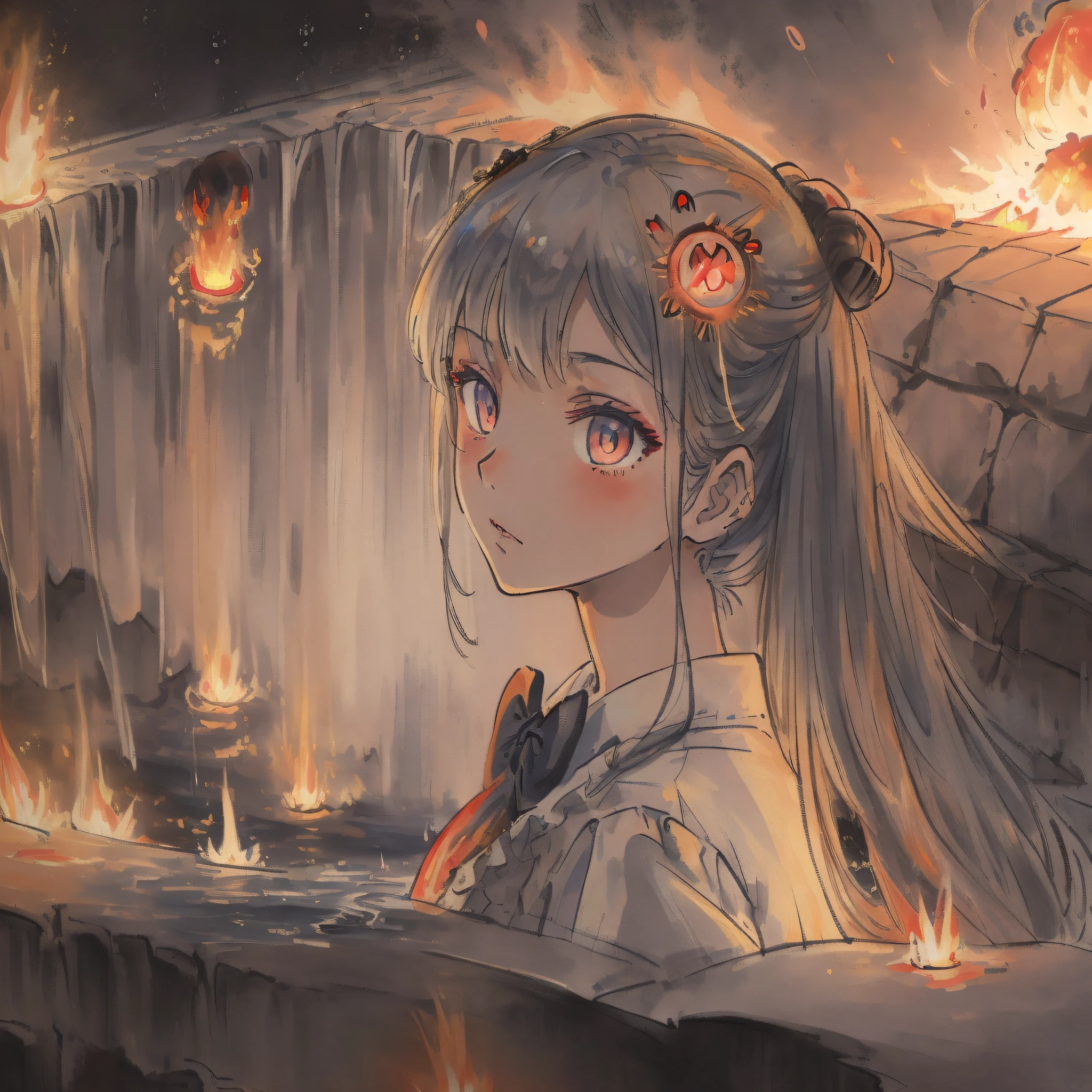(((masterpiece))),best quality, illustration,(beautiful detailed girl),beautiful detailed glow,((flames of war)),(((nuclear explosion behide))),rain,detailed lighting,detailed water,(beautiful detailed eyes),expressionless,palace,azure hair,disheveled hair,long bangs,hairs between eyes,(whitegrey dress),black ribbon,white bowties,midriff,big forhead,blank stare,flower,long sleeves