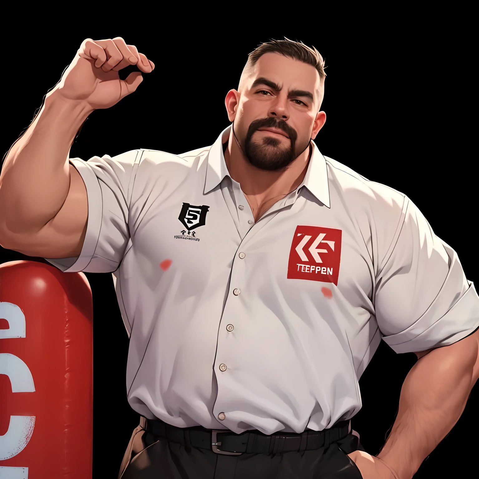 Arad man in white shirt and black pants poses for a photo, chunky, As a character in Tekken, musculous, beefy, Big muscles, muscular character, robust stocky body, heavy looking, heavy weapons guy, incredibly strong and tall, kim jung gi, big arms, huge muscle, Large muscles, buff man, fighting game character，The neckline opens，Exposing the pectoral muscles，There are hairs on the pectoral muscles