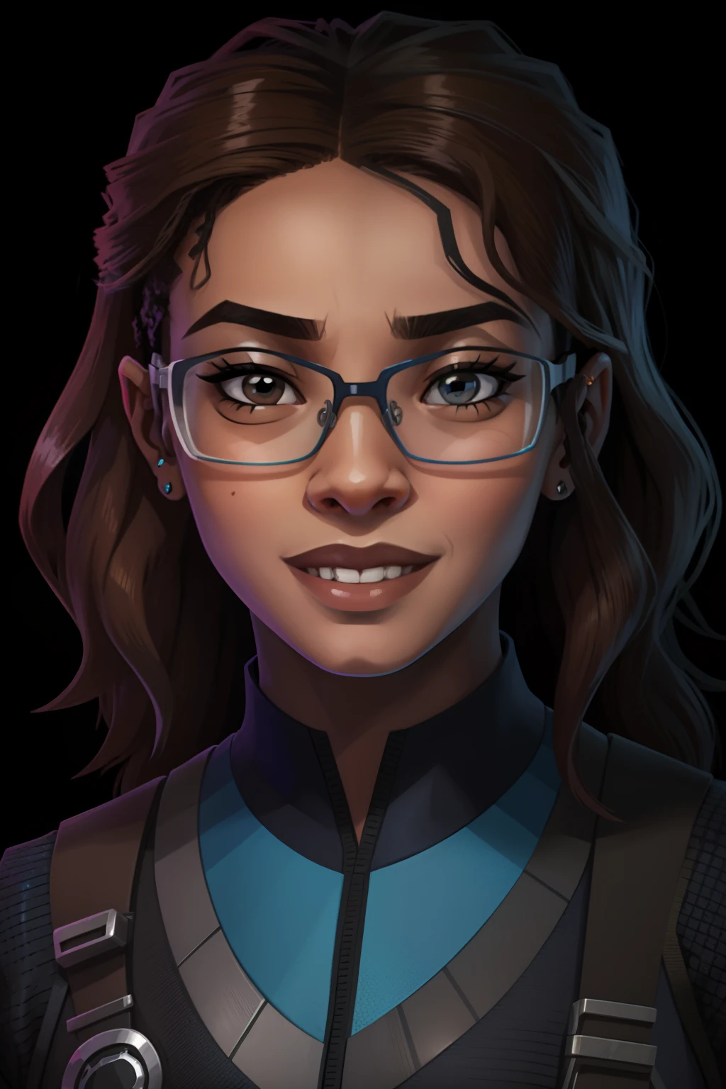 jovem mulher nerd sorrindo, pele marrom, geek, olhos puxados, pele marrom, blue glasses, cabelo preto curto, vestindo roupas modernas, roupas verdes, feliz, entusiasmada, podcast, estiloza, pop, inspirada na Zendaya