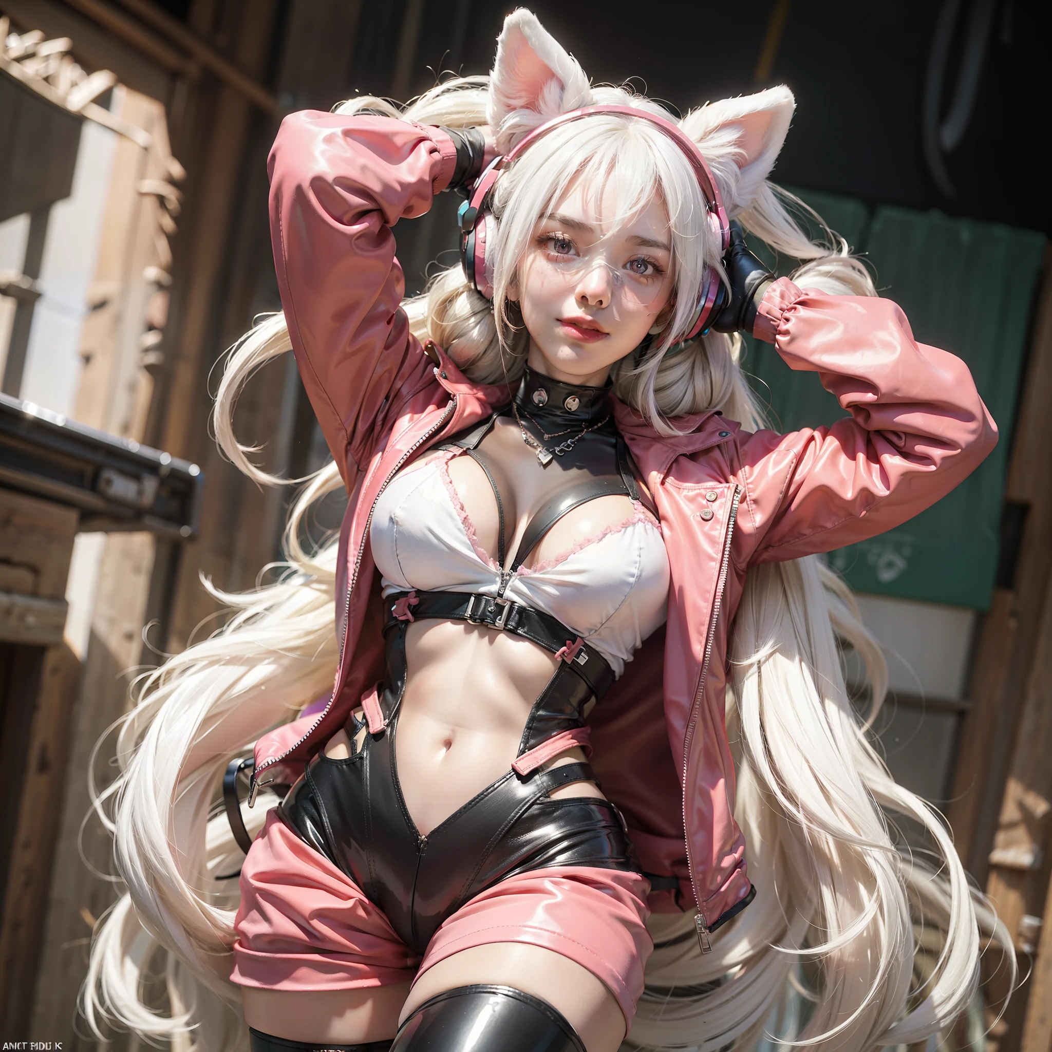 (RAW photo, best quality, masterpiece:1.2), (realistic, photo-realistic:1.4),(masterpiece:1.4),(best quality:1.4),1girl, solo, :d, animal ear headphones, animal ears, arms up, bangs, blush, bodysuit, breasts, bunny pose, clothes writing, covered navel, cowboy shot, cropped jacket, fake animal ears, gloves, outdoor,morning,snow, hair intakes, headphones, impossible bodysuit, impossible clothes, jacket, large breasts, latex, latex bodysuit, long hair, long sleeves, looking at viewer, large breasts, multicolored gloves, open mouth, pink bodysuit, pink eyes, red eyes, red jacket, shiny clothes, shrug \(clothing\), sidelocks, skin tight, smile, thigh gap, thighs, twintails, very long hair, white gloves, white hair,alice \(nikke\),(shiny skin),realistic,
