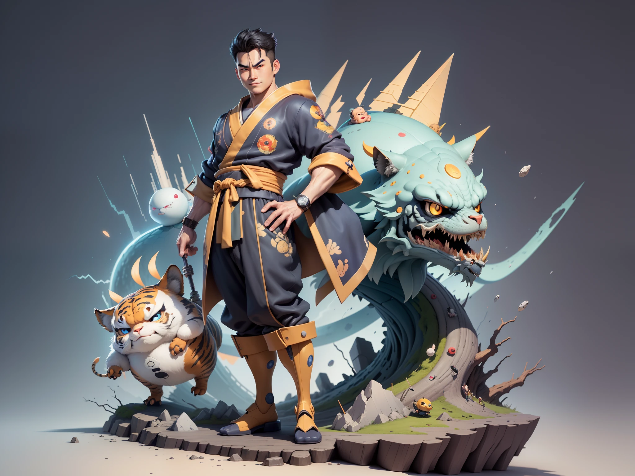 (Masterpiece), (Excellent), (Super Meticulous), (Full Body: 1.2), Super Young Man, Oriental Face, Japanese Kimono, Japanese Wind Thunder God, Dragon, Tiger, TV Anchor, Bust Portrait Illustration, Alone, Black Suit, Blue Tie, Slightly Chubby Face, Very Clean Face, No Beard, Black Super Short Hair, Black Eyes, Confident Smile, 3c Computer Sub-Products, iPad, iPhone, Digital Painting, 3D Character Design by Akira Toriyama and Mark Claireden and Pixar and Hayao Miyazaki, The illustration is a high-definition illustration in 4K resolution with very detailed facial features and cartoon-style visuals.