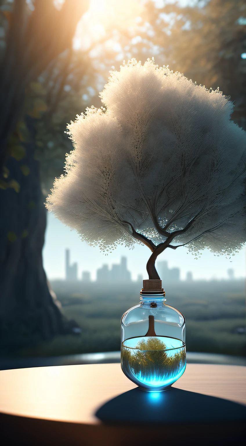 A dreamy art tree in a bottle, fluffy, realistic, photographic, canon, dreamy, artistic, splendid leaves and branches with flowers above its head. Greg Rutkowski's Ultra Detailed Photo Realism - H1024W 804 | F16 Lens Markers 2:2 S 35555 mm Film Particles: 1 Realistic High Resolution Sharp Focus Contrast!! The intricate and detailed atmospheric refractive lighting in Octane, Unreal Engine 5's cinematic concept cinematography masterpiece, presents the trend of CGSociety