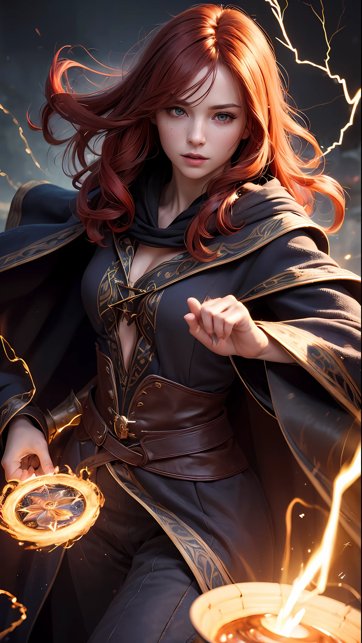 (skindentation:1.5), Realistic, Photorealistic, (masterpiece:1.5), concept art, intricate details, highly detailed, photorealistic, octane render, 8k, unreal engine, dynamic pose, best quality, highres, (realistic face:1.1), (hyperrealistic:1.1), ((full_body)), perfect eyes,(shiny skin:1.2), (((hairstyle))), (((perfect hands))), (extremely detailed background), ((dynamic background)), ((lightning)), ((1girl)), wearing cloak, (((flowing cloak))), ((detailed eyes, high quality eyes, high quality face)), (extremely intricate robes, magical robes), curley red hair, casting lightning, electricity, swirling fire, radiating power, sparks, smoke, magic, ((dramatic)), battlefield, 4k