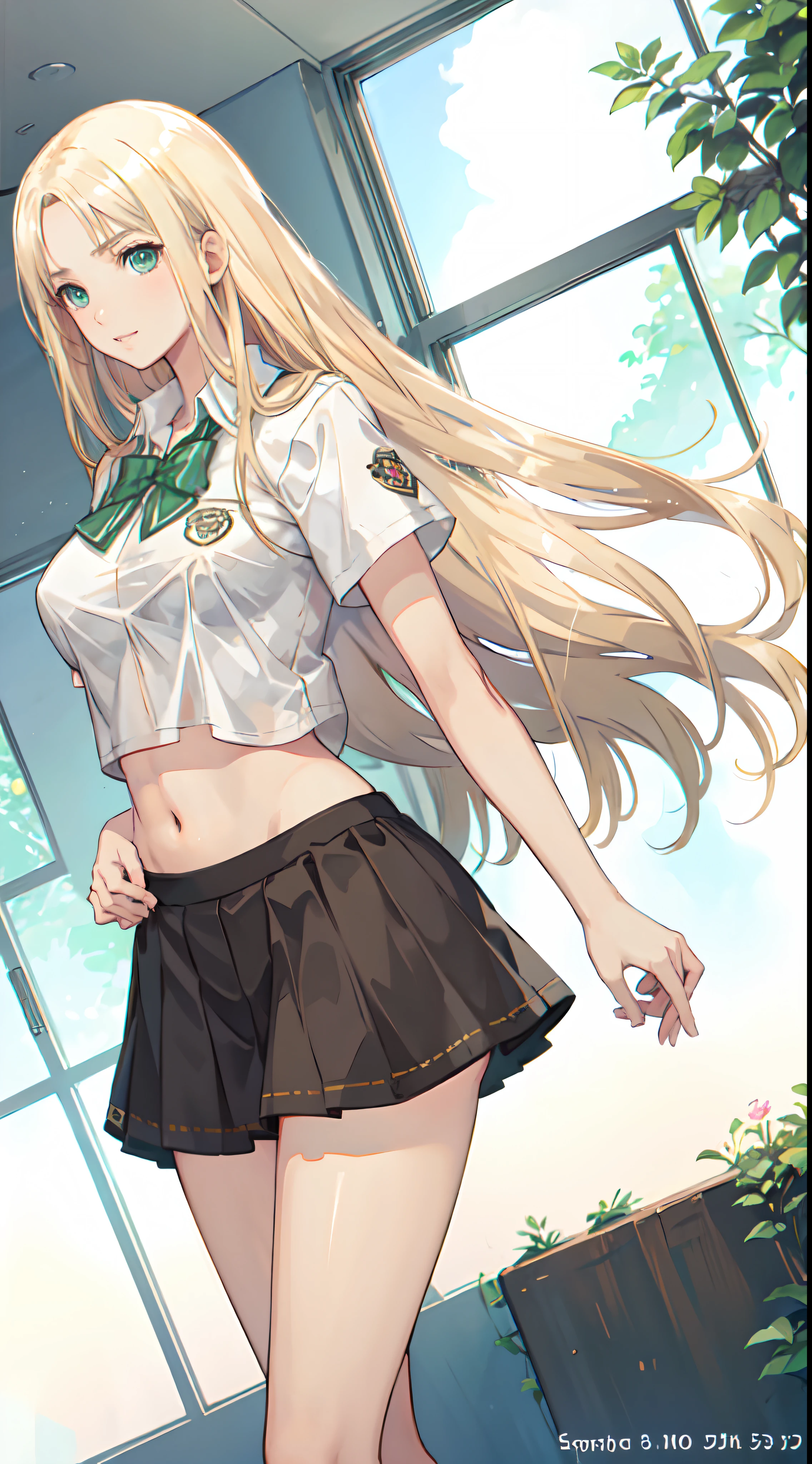 blonde hair, long hair, green eyes, happy, school uniform, short skirt, medium breast, cleavage, classroom, slim legs, navel, open clothes