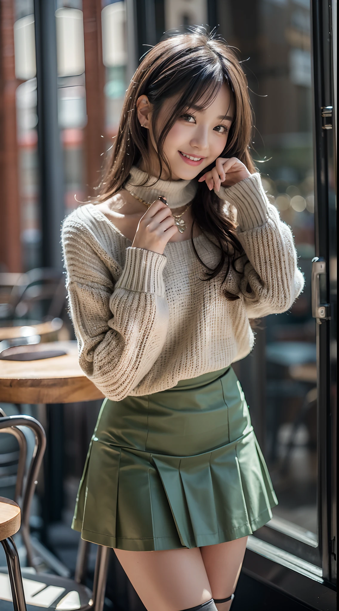 8k uhd, dslr,film grain, Fujifilm XT3,(best quality:1.3), (masterpiece:1.1), high resolution, cinematic light, intricate details, (photorealistic),outside,beautiful outside,sunny,
korean girl,(in cafe:1.5) , dimples, bobcut, looking at viewer, detailed trees, ribbons, bowties, bare shoulders, ribbed sweater, 
pencil skirt, high-waist skirt, head rest, sitting, indoors,
 necklace,black pantyhose, sheet transportation sweater, (smile),(full body:1.6),slender,