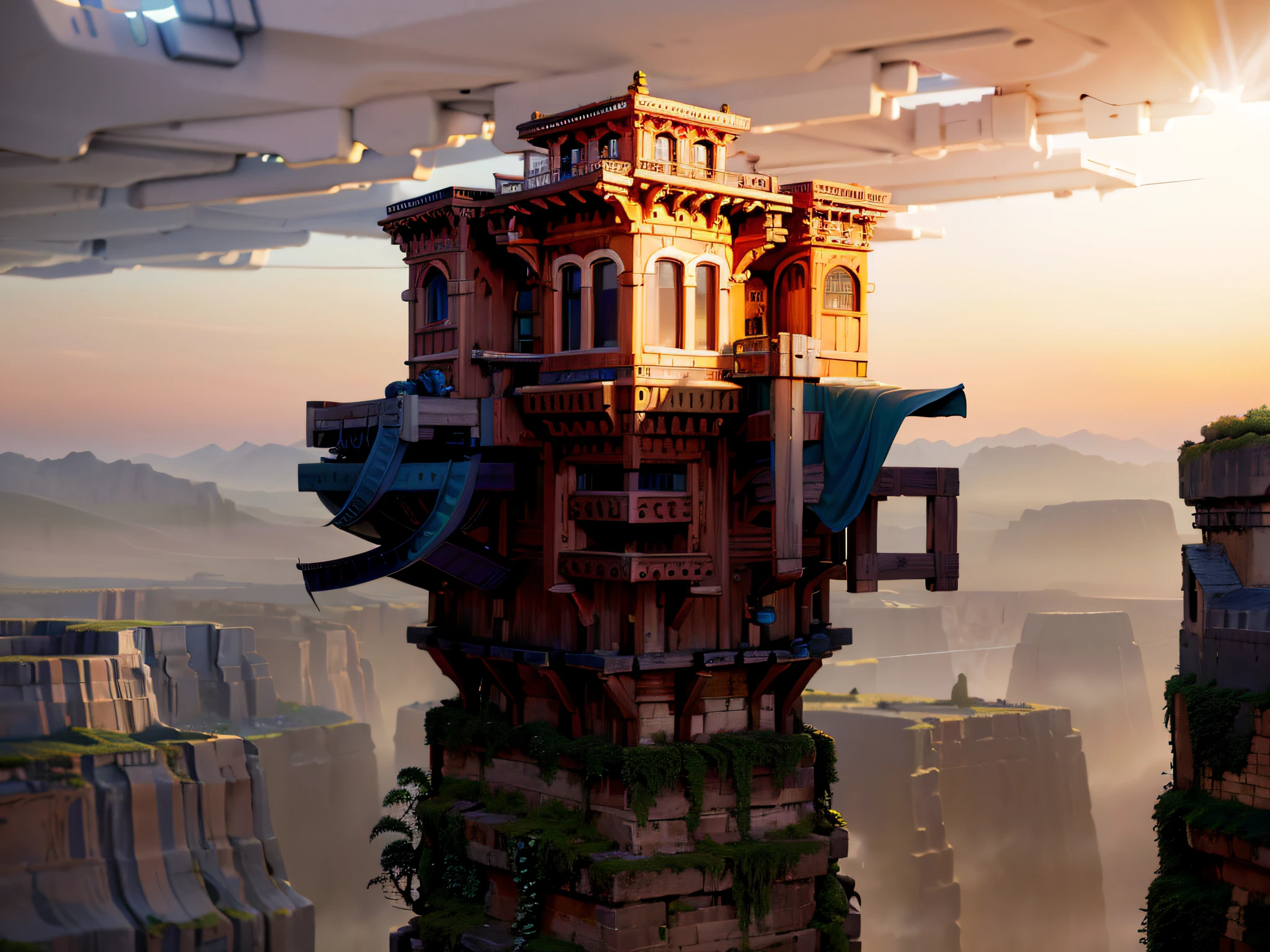 ((masterpiece)),((best quality)),((high detial)),((realistic,)) Industrial age city, deep canyons in the middle, architectural streets, bazaars, Bridges, rainy days, steampunk, European architecture, best quality