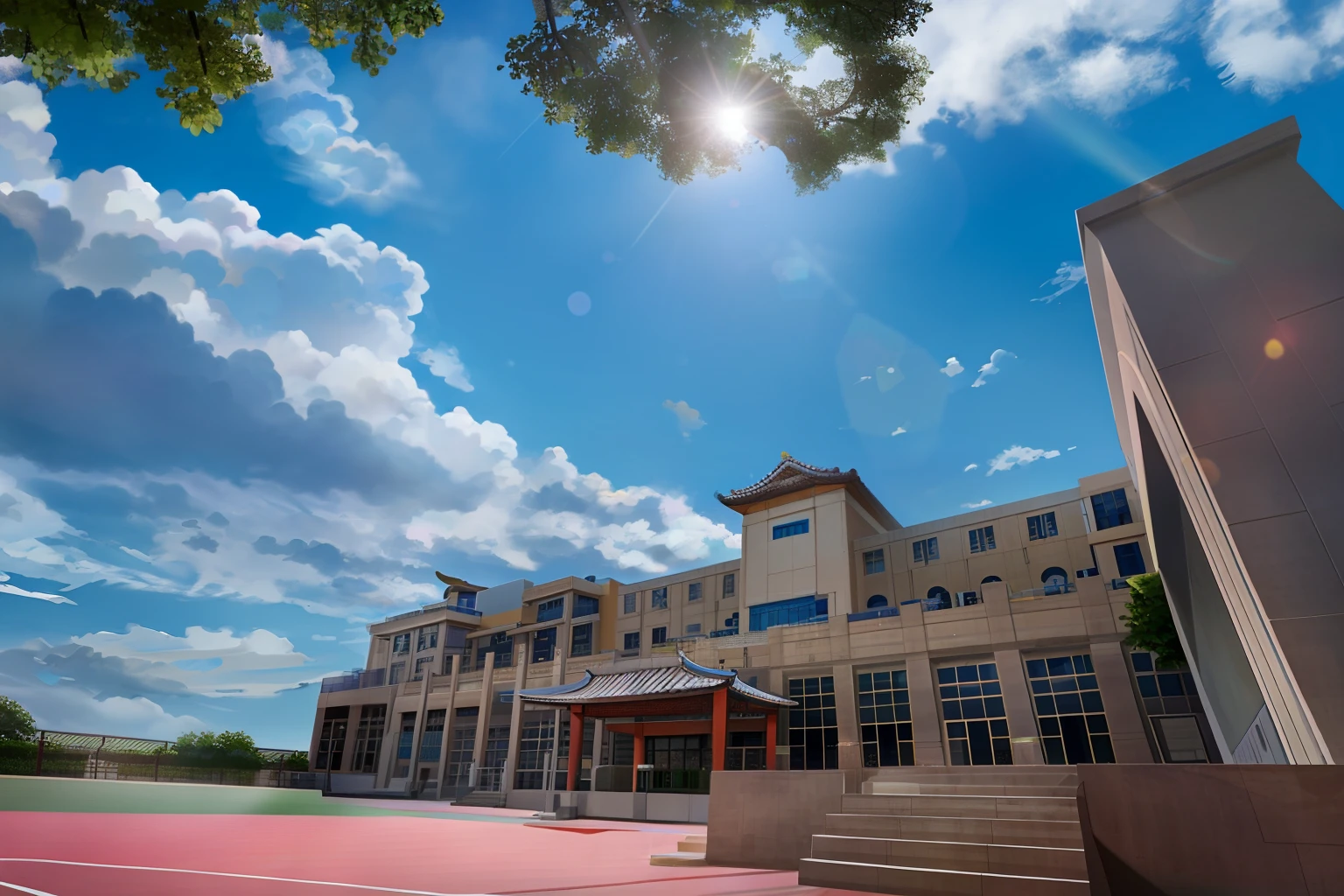 There is a building,There is a tennis court in front,school courtyard,low angle wide shot,sunny day time,private school,with the sun shining on it,High school,On a beautiful sunny day,The four words "Zhaoqing Xingzhi" appeared in the reorganized screen elements。