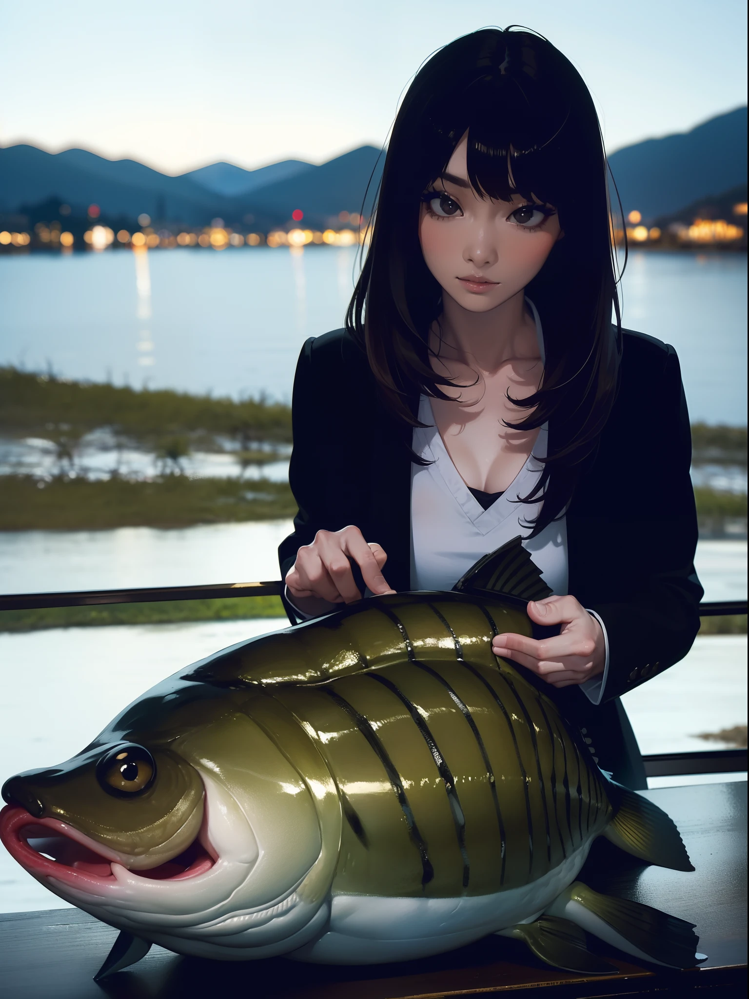 ((((Catchig a big blackbass by the lake)))),((Best Quality, masutepiece :1.3)),((( large mouth bass))),hight resolution,ultra-detailliert,Official art,Beauty and aesthetics,masterpiece,best qualtiy,ighly detailed,1 Japanese woman,Black hair, long eyeslashes, Solid Circle Eyes, deadpan, drop shadow, Atmospheric perspective,Super Detail, ccurate, Best Quality, small tits,Black jacket,top-quality, Hi-Res, absurderes:1.2, blurry backround, bokeh dof:1.2, a picture, (Raw photography:1.2), (Photorealsitic:1.4), (masterpiece:1.3), (intricate detailes:1.2), Atmospheric perspective,Super Detail, ccurate, Best Quality,