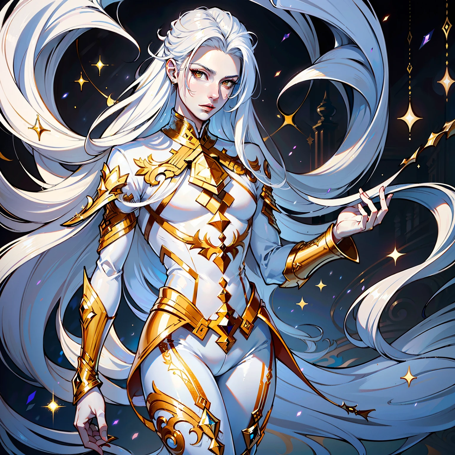 (masterpiece ultra-detailed, (immaculate:1.3), ethereal,1guy, solo, devil, white hair, gold eyes, porcelain skin, long hair, wearing white luxury top, white tight shimmer pants, luxurious palace, illustration, 4k