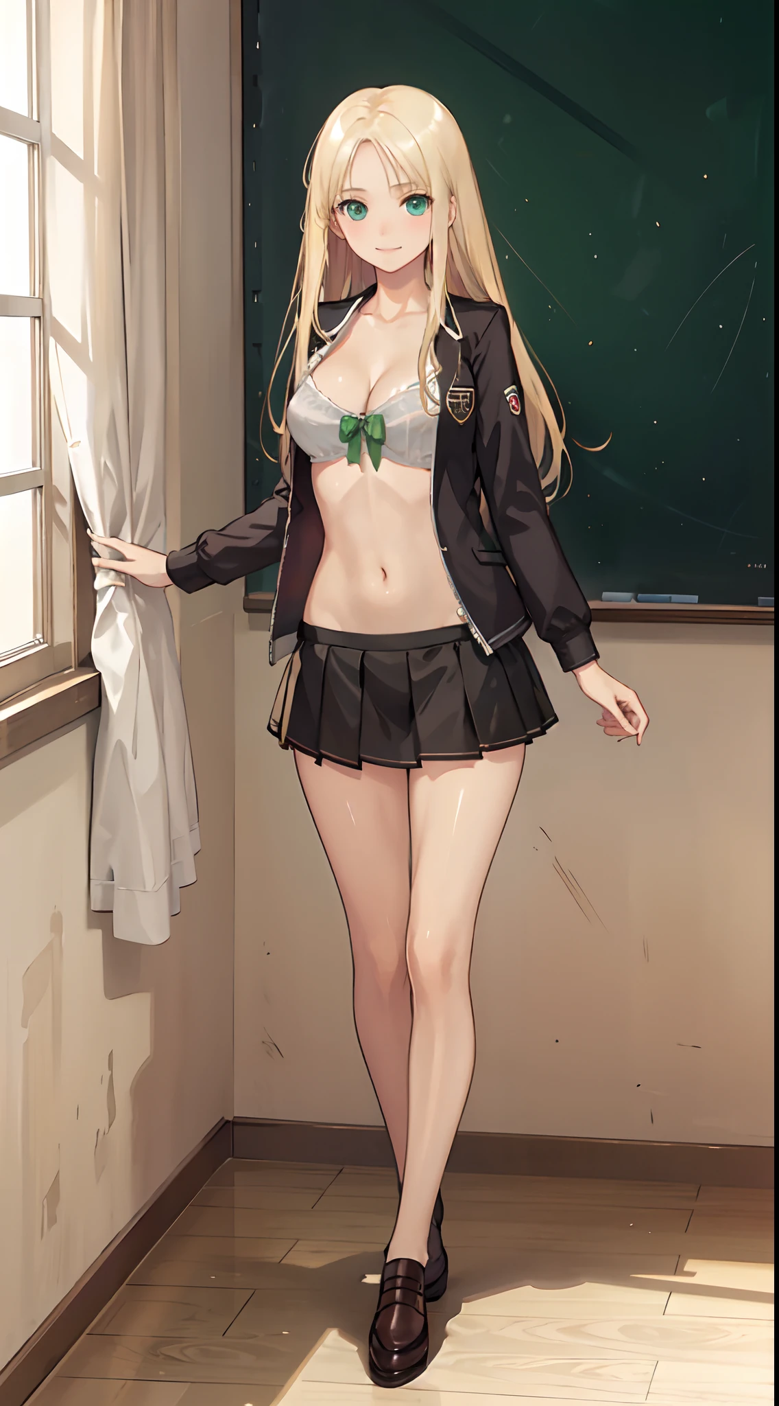 blonde hair, long hair, green eyes, happy, school uniform, short skirt, medium breast, cleavage, classroom, slim legs, navel, open clothes, full body