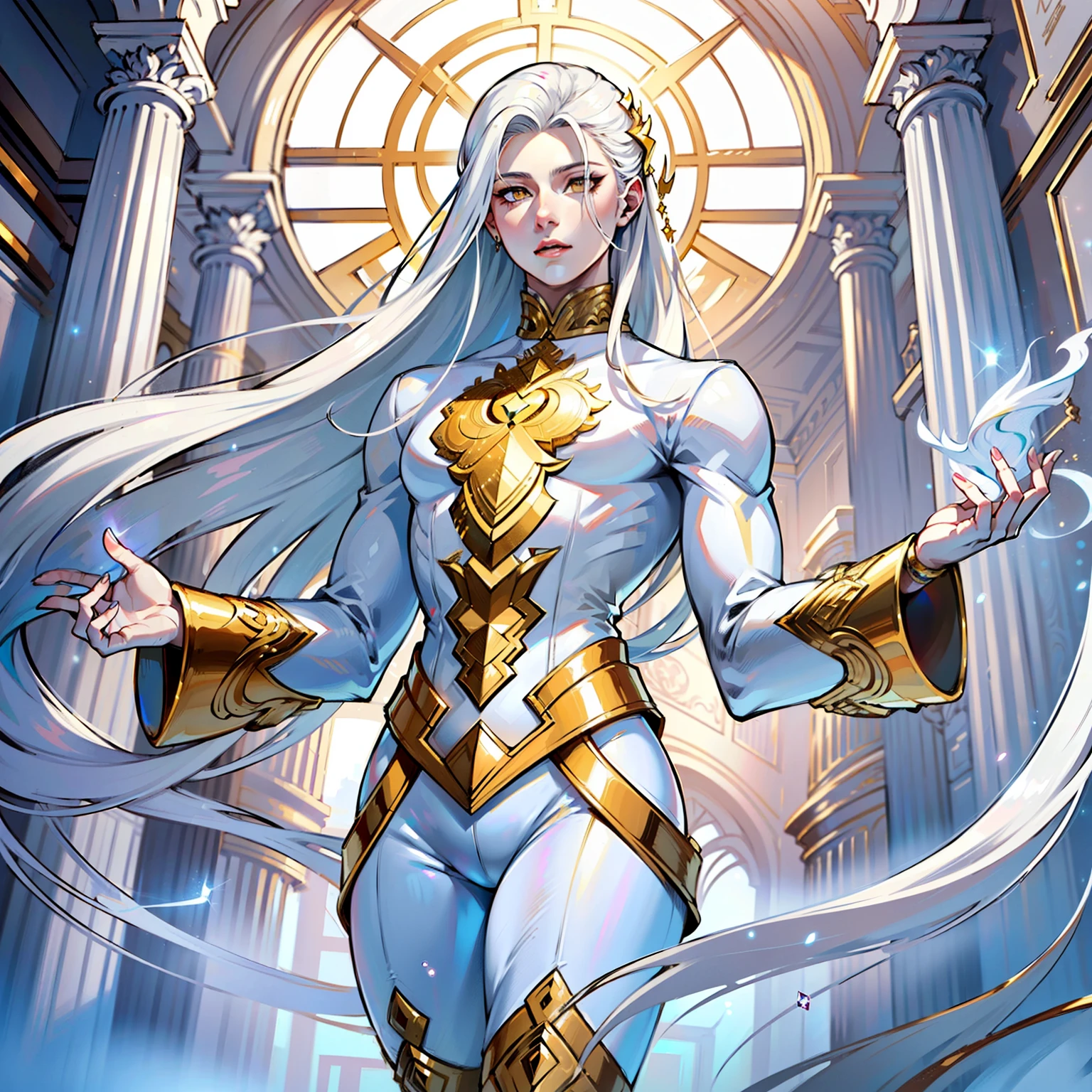 (masterpiece ultra-detailed, (immaculate:1.3), ethereal,1guy, solo, devil, white hair, gold eyes, porcelain skin, long hair, wearing white luxury top, white tight shimmer pants, luxurious palace, illustration, 4k