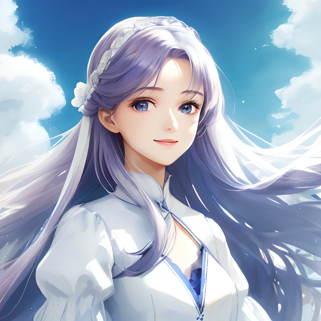 with blue sky and white clouds,A girl in a white dress,full bodyesbian,Ethereal and dreamy,Gorgeous Hair in Long Purple,ssmile,exquisite facial features,high-definition picture quality,Works of masters,Outstanding quality