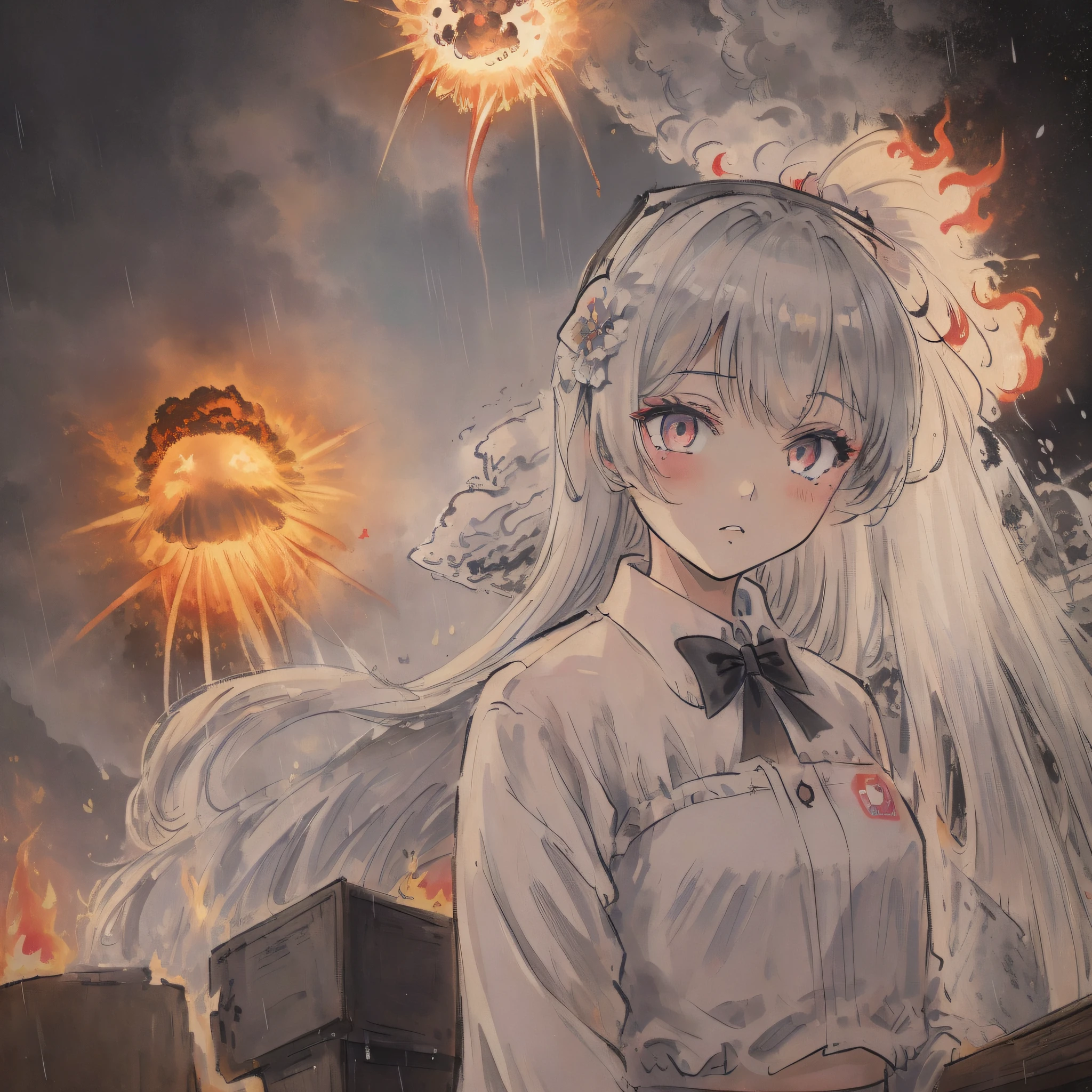 (((masterpiece))),best quality, illustration,(beautiful detailed girl),beautiful detailed glow,((flames of war)),(((nuclear explosion behide))),rain,detailed lighting,detailed water,(beautiful detailed eyes),expressionless,palace,azure hair,disheveled hair,long bangs,hairs between eyes,(whitegrey dress),black ribbon,white bowties,midriff,big forhead,blank stare,flower,long sleeves