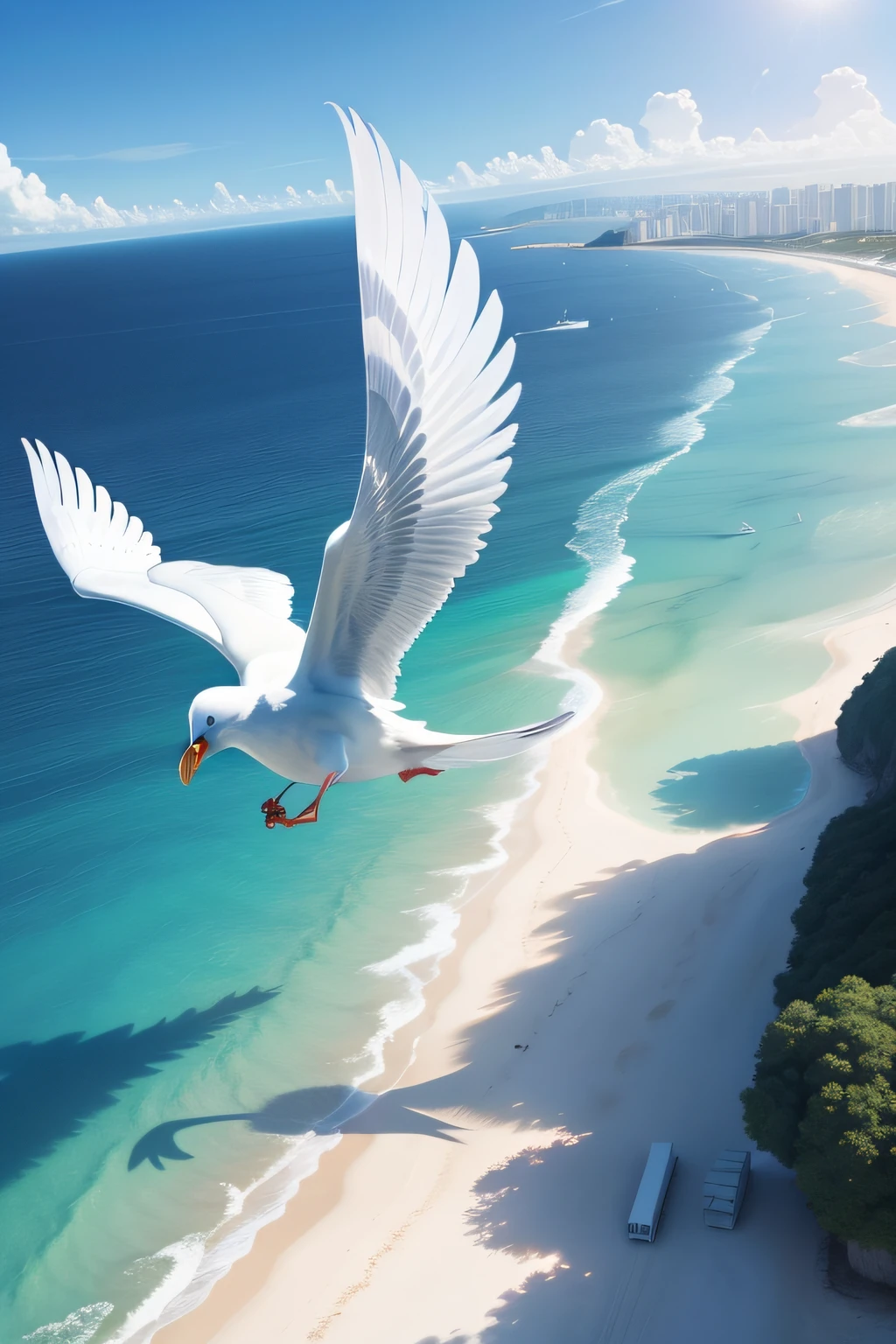 Warm sunshine，Clear blue waters，There are also white seagulls flying over the sea。