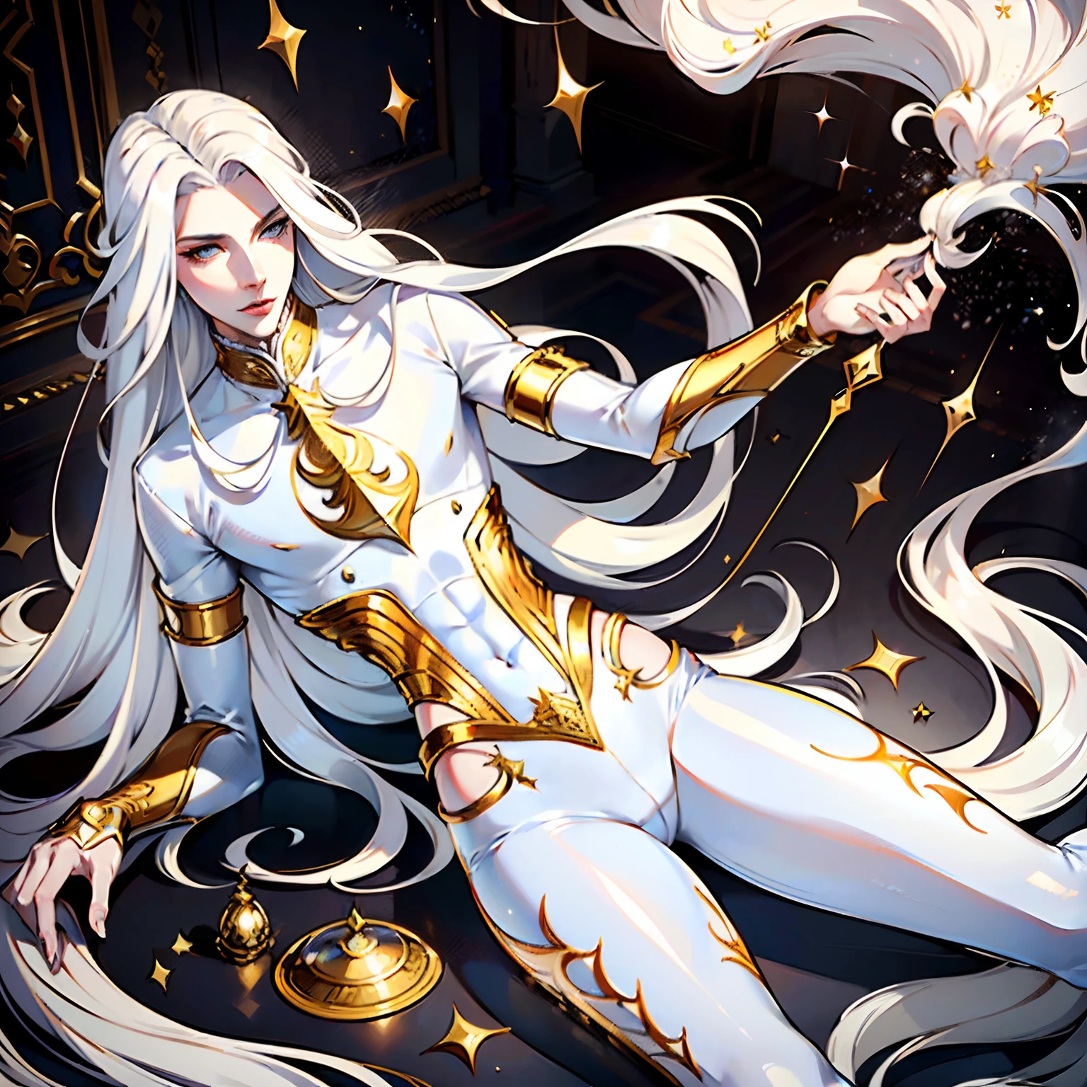 (masterpiece ultra-detailed, (immaculate:1.3), ethereal,1guy, solo, devil, white hair, gold eyes, porcelain skin, long hair, wearing white luxury top, white tight shimmer pants, luxurious palace, illustration.