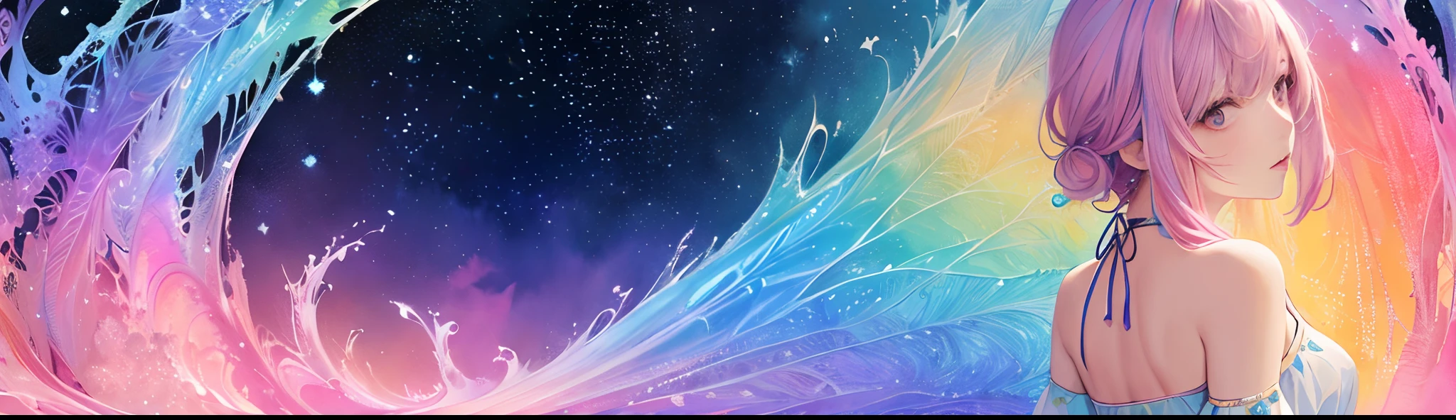 (masterpiece, top quality, best quality,watercolor (medium),official art, beautiful and aesthetic:1.2),(1girl:1.3), (fractal art:1.3),upper body, from side, looking at viewer,patterns,(rainbow color Hair,colorful hair,half blue and half pink hair:1.2),water,liquid, cloud,colorful, starry,stars,