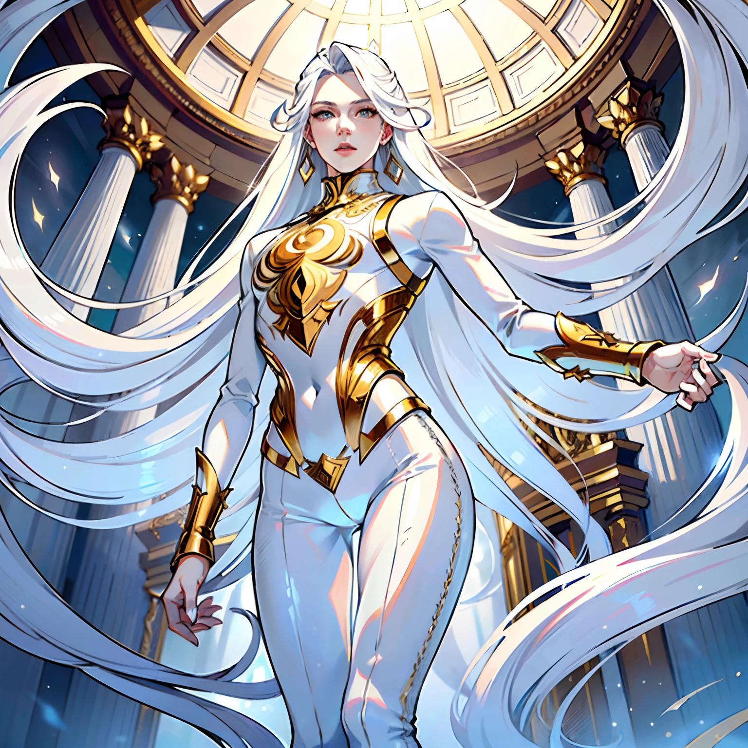 (masterpiece ultra-detailed, (immaculate:1.3), ethereal,1guy, solo, devil, white hair, gold eyes, porcelain skin, long hair, wearing white luxury top, white tight shimmer pants, luxurious palace, illustration.