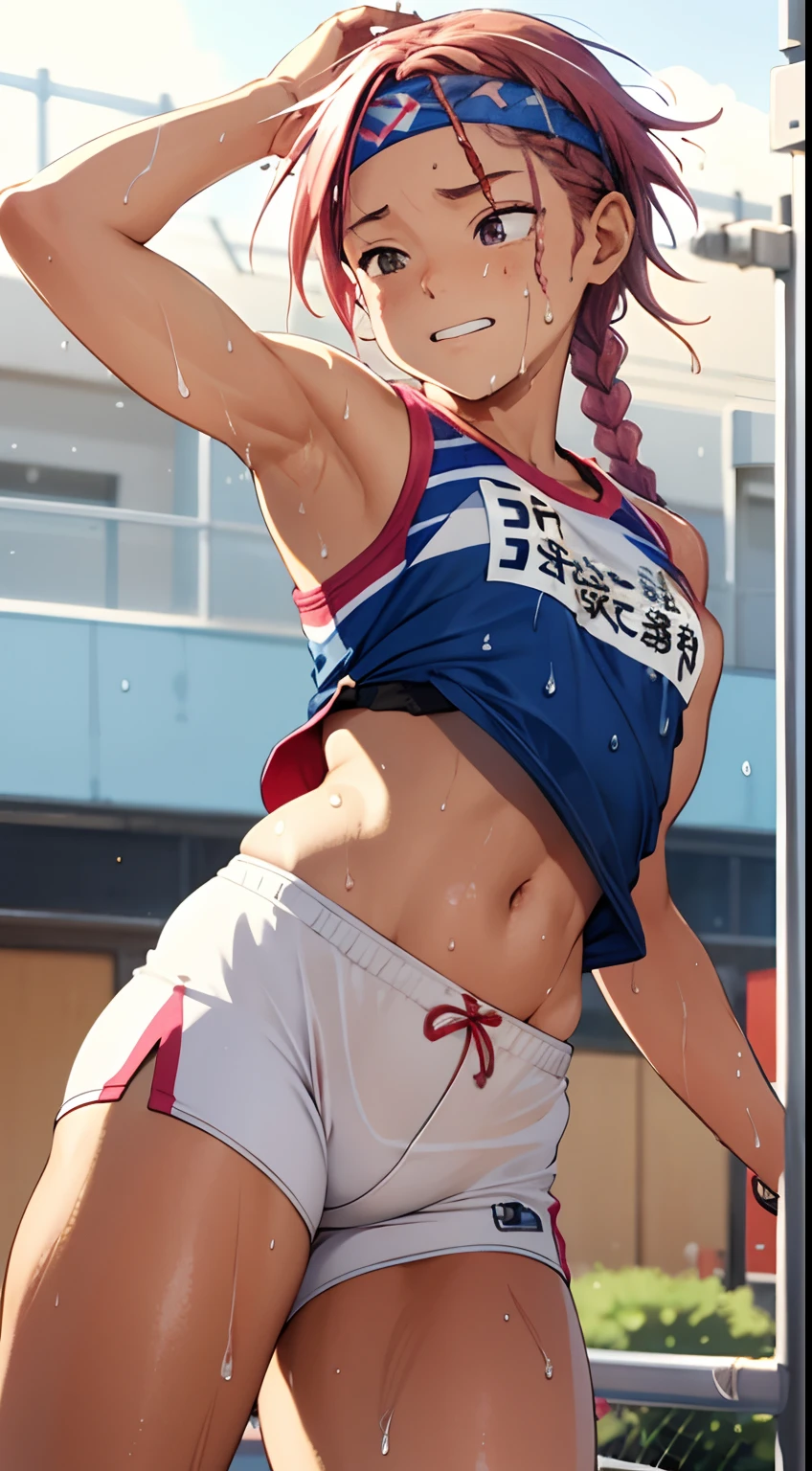 {{{masterpiece}}}, {{{best quality}}}, {{ultra-detailed}}, {illustration}, {{an extremely delicate and beautiful,high resolution, ultra-detailed,,perfect face,slender perfect body, Tight belly,Toned buttocks,Constricted waist}},,(((1 girls to 100m run start))),(painful face), (wear a headband),,((pink:-1.5) ,(red:-1.5) ,(blue:-1.5) hair), (braided short hair), (braided long hair), shy daughter, short stature, small tits,(flom track and field), (fashionable track and field athlete),(bike shorts), small tits, (wet:1.2), track and field,((very wide shot )),clothnipples visible throughes