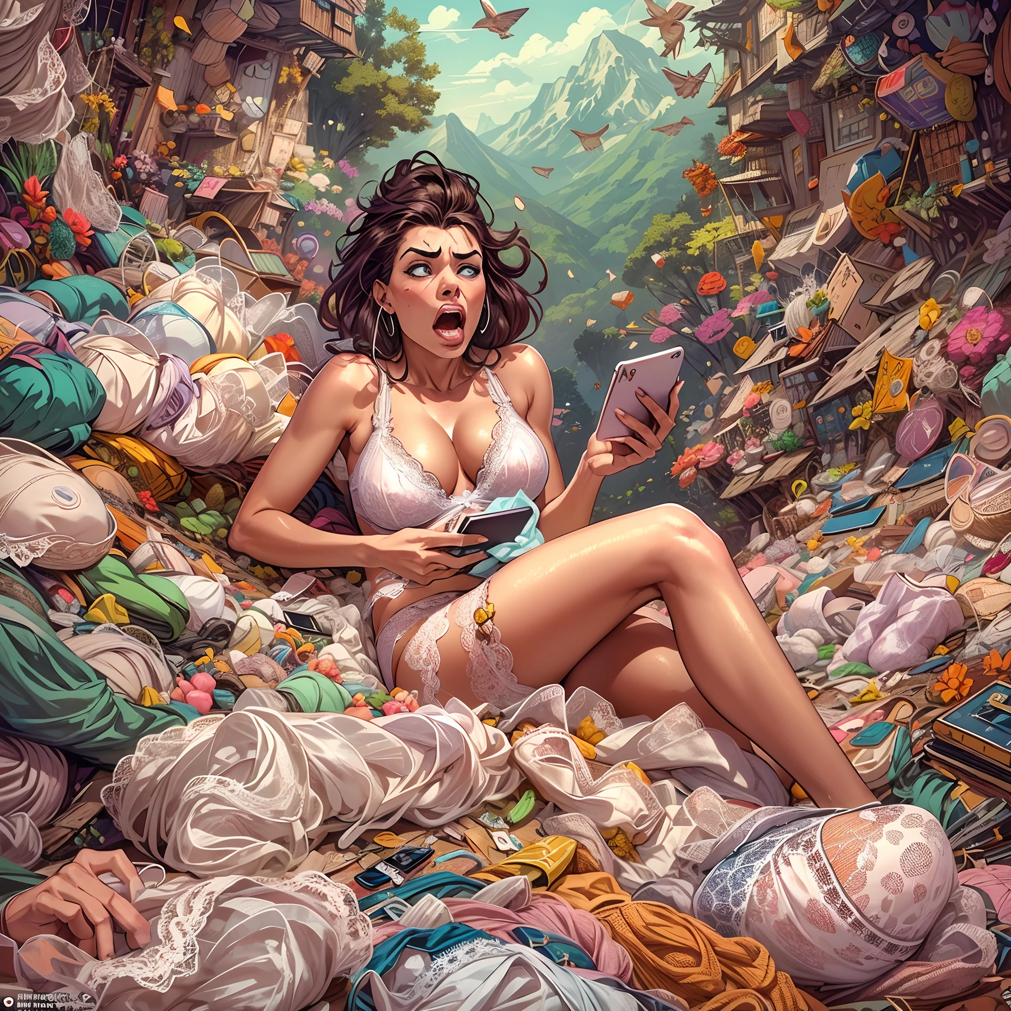 Imagine a comical scene where a stunningly attractive woman is sitting amidst a comically exaggerated pile of 'seductive' undergarments, struggling to find her phone that slipped somewhere into the mountain of lace and silk. As she searches, her frustration grows, and the over-the-top ambiance clashes hilariously with her increasingly exasperated expressions."