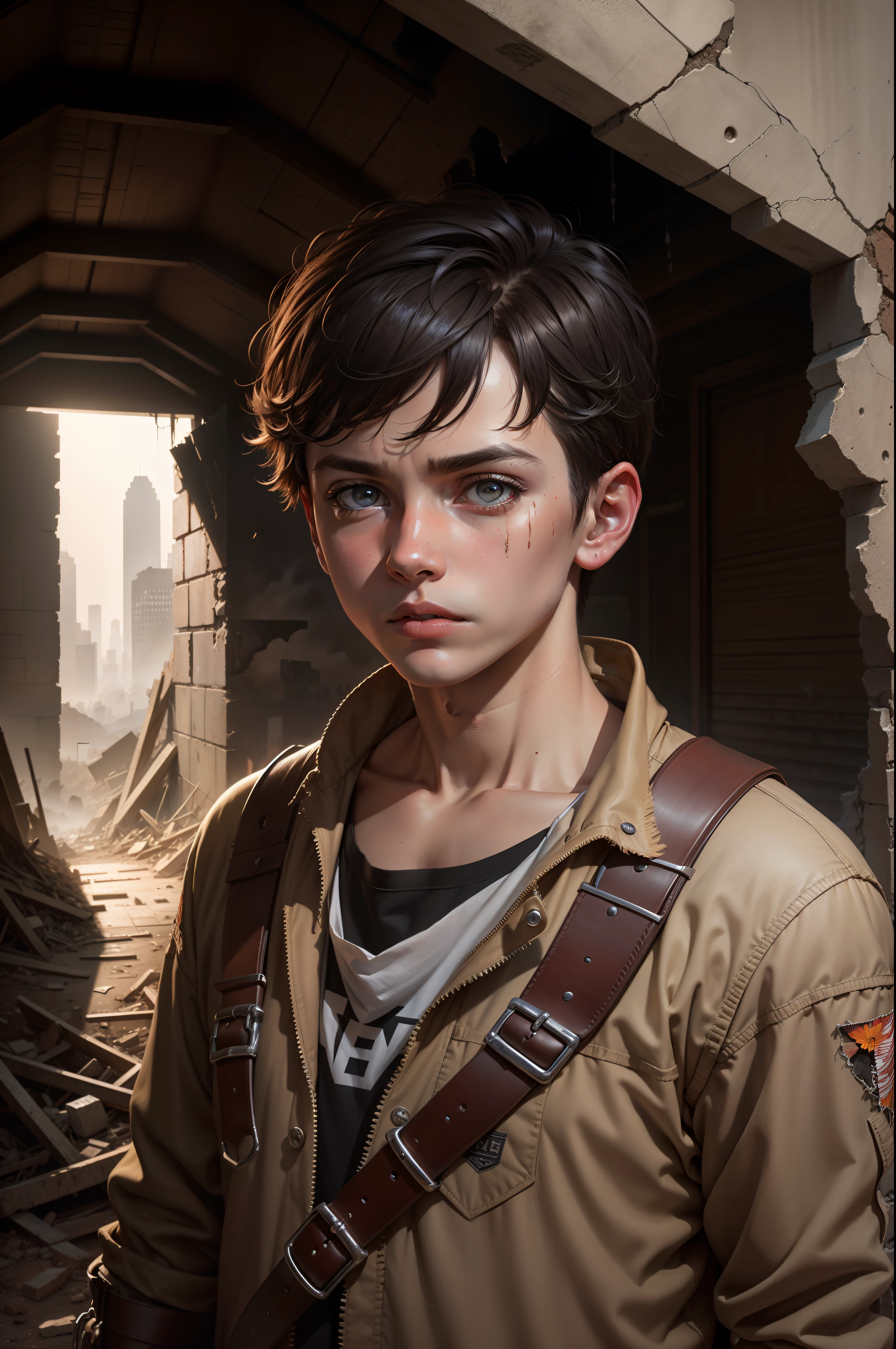 extreme detail, 8k, ultra quality, masterpiece, illustration, photorealistic, hyper realistic, intricate sharp details, dramatic lighting, oil painting, detailed eyes, detailed face, the world is bleak and desolate as a young handsome boy stares off into the ruins of an apocalyptic city that remained undisturbed for centuries, overgrown and crumbling, three fingers, steel and rusted structures
