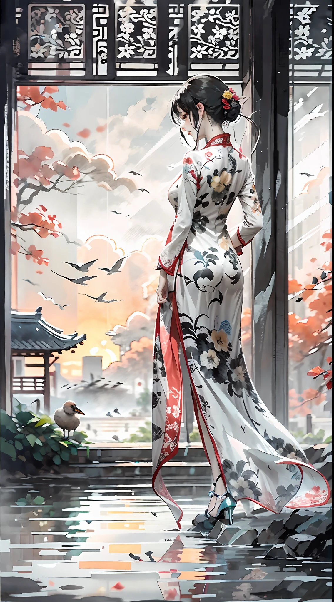 ink and watercolor painting，ink，water ink，（black, White and gray：1.5），（Cheongsam beauty：1.4），Modern cheongsam，high-heels，the setting sun，Wild geese in the sky in the distance，Ancient buildings are scattered，Works of masters，super-fine，high qulity，8K分辨率