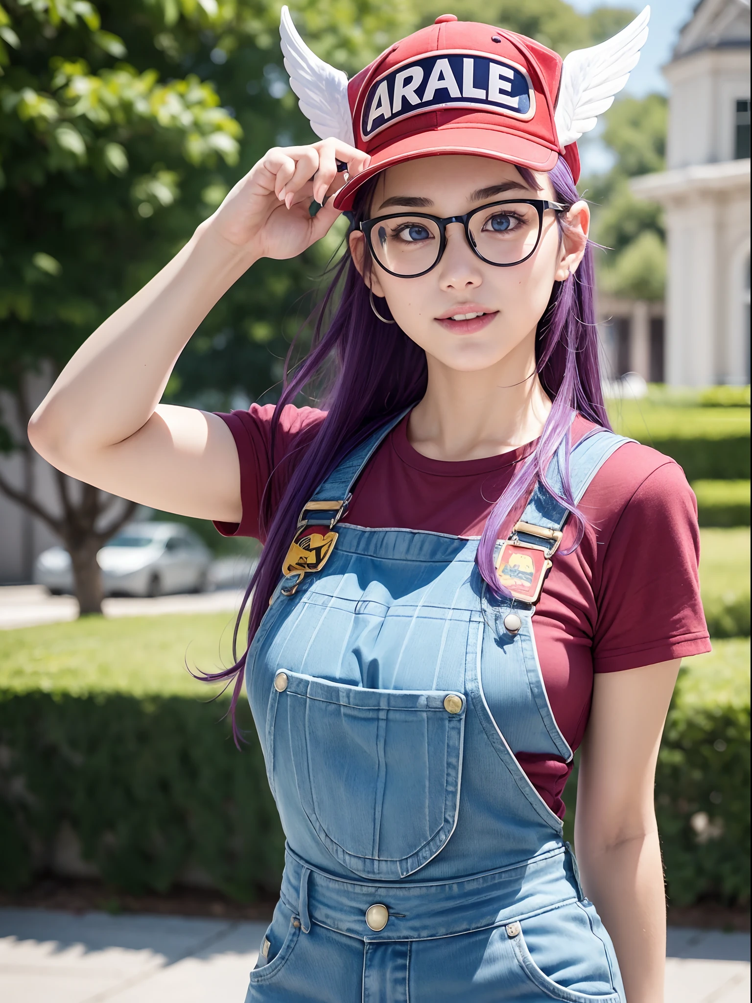 (masterpiece, best quality:1.4), (standing:1.5) (dynamic pose:1), 1girl, solo, (european youth:1), arale, glasses, blue eyes, long hair, purple hair, short sleeves, wing hat, red cap, (with the word "ARALE":1), (wing cap:1.5), red shirt, blue overalls, looking at viewer, beautifull smile, beautiful face, highly detailed face, highly detailed eyes, highly detailed skin, skin pores, subsurface scattering, realistic pupils, full face blush, full lips, detailed background, depth of field, volumetric lighting, sharp focus, absurdres, realistic proportions, good anatomy, (realistic, hyperrealistic:1.4), 16k hdr,