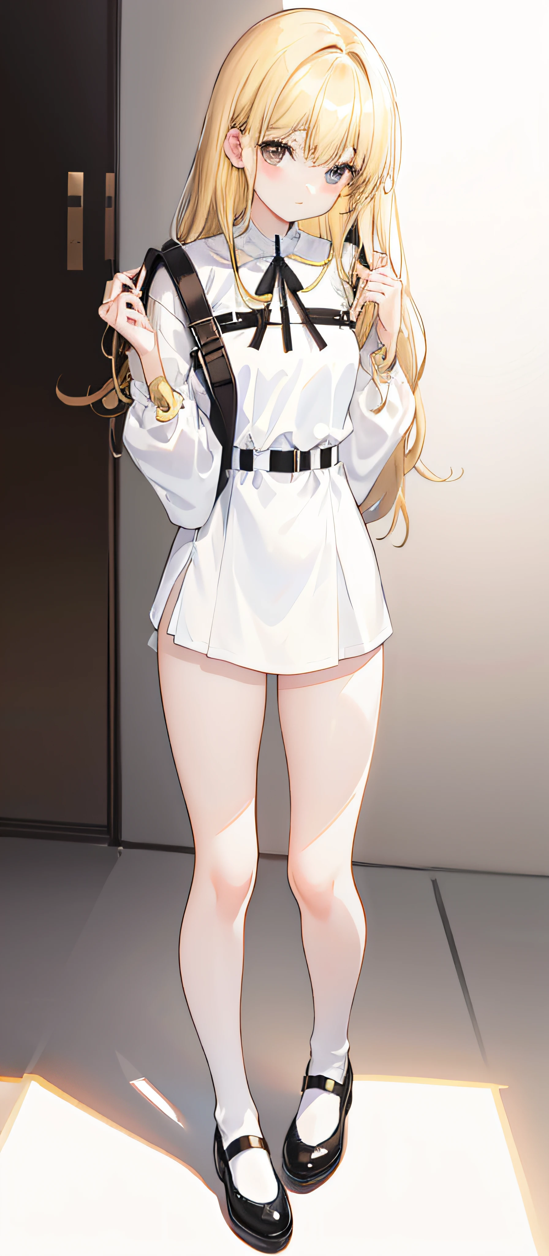 Photorealsitic, Bright indoor, Soft light, Low contrast, Shallow depth of field, Beautiful loli girl illuminated by gentle light,long straight hair bangs , hair color is a blonde hair chestnut shade with a slight brown tone, hair with a stress no wave, (long-sleeved shirt White long lolidress), black skirt (Silk White Socks), (pumps), (Full body:1.5), squatting, Blank white background,look at viewer