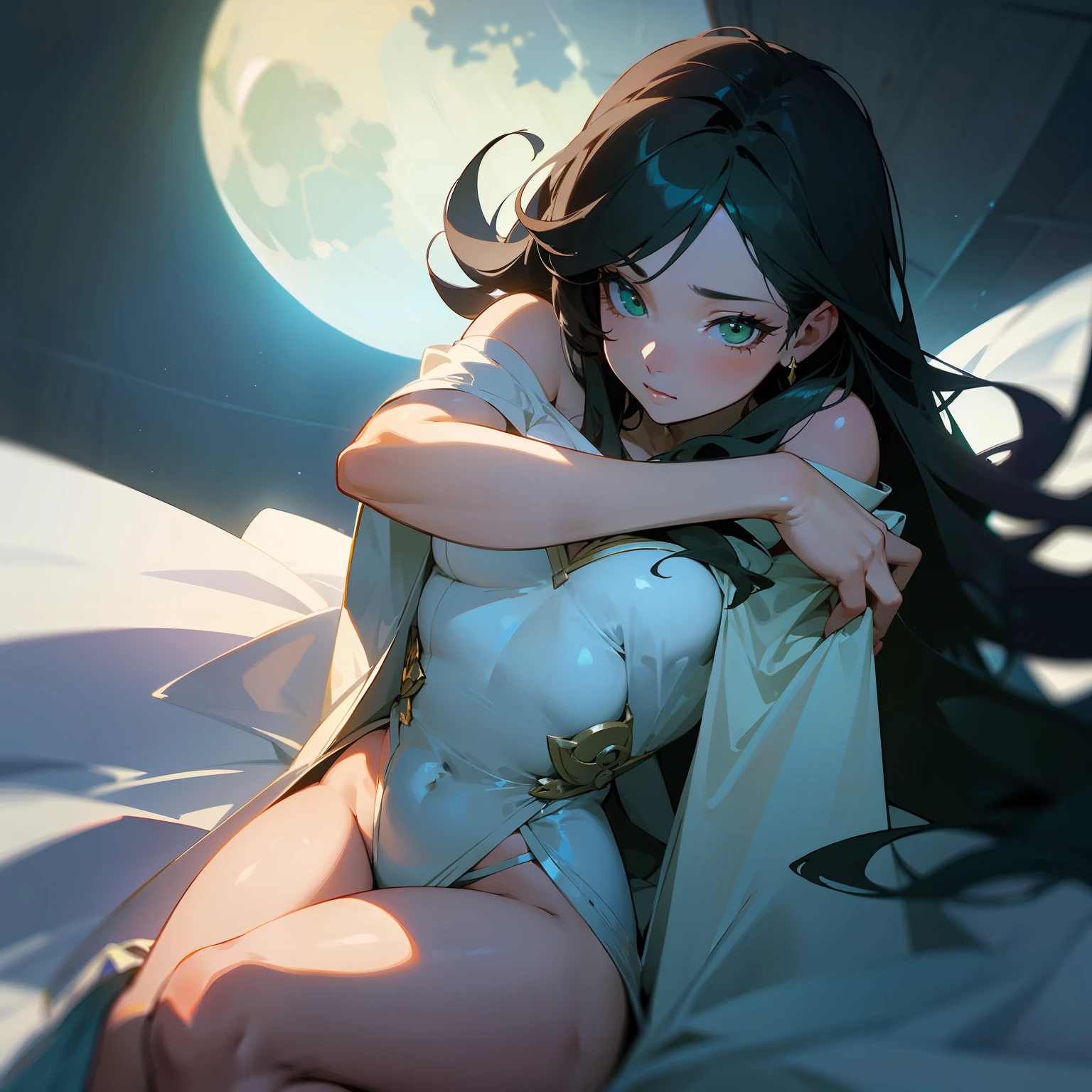 Sharp angle scene, Realistic, Pretty woman, Delicately detailed green eyes that shine with magic, A beautiful and soft face that shows the accuracy of its details and brilliance{thighs}{Chests}, Long black hair that is soft and flowing, Wear a short white evening dress, She sits hugging her legs on the roof of her house at night looking at the sky and the moonlight that illuminates the whole place,Soft cinematic lighting, perfect anatomy, Perfect anatomy of the eyes, highly detail, hdr, Line, glossy, Smooth, flawless skin, realistic details, hdr, 8k