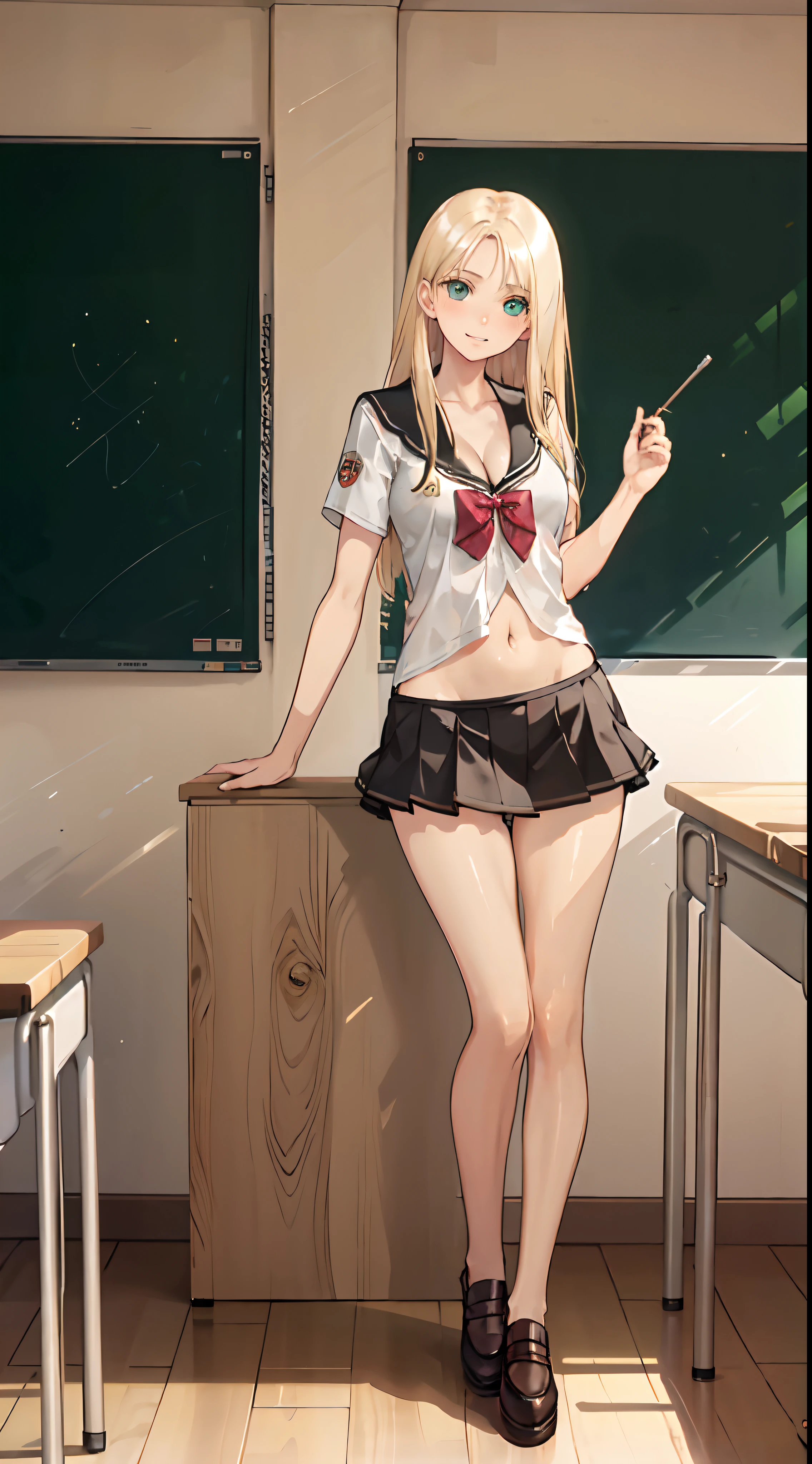 blonde hair, long hair, green eyes, happy, school uniform, short skirt, medium breast, cleavage, classroom, slim legs, navel, open clothes, full body