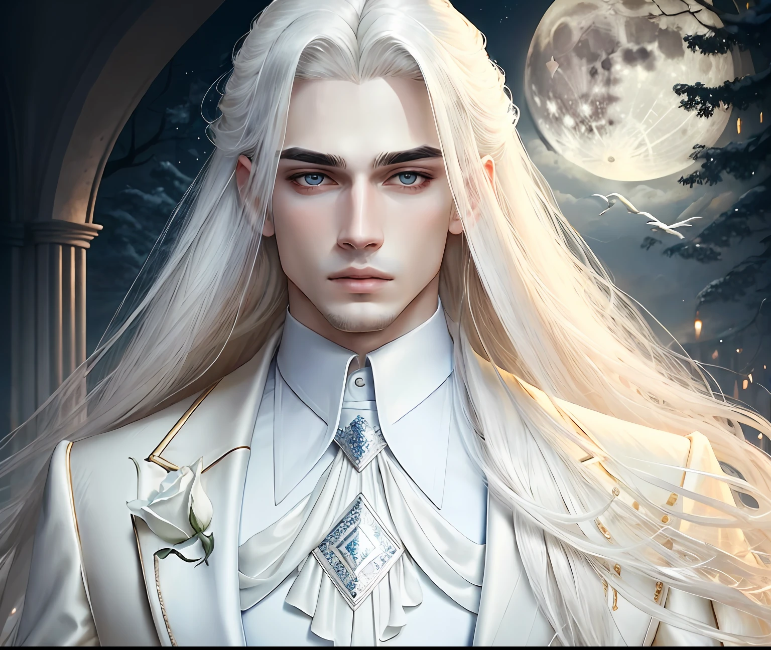 masterpiece, highest quality, (solo), (perfect face:1.1), (high detail:1.1), (hyper detailed eyes), dramatic, 1guy, (pale skin), long white hair, ethereal eyes, (light eyebrows), solo, long hair, sephiroth, moon, night, white luxury suit, pouty lips, fur, proud expression, garden, detailed background, art by artgerm, cinematic lighting, roses, fashion, BalenciagaStyle