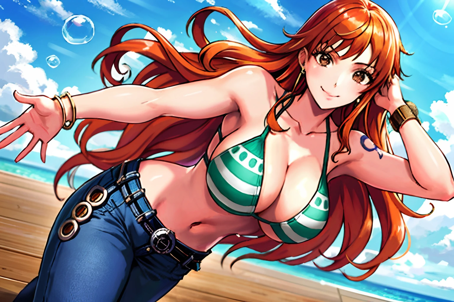 detailed background, masterpiece, nip slip, best quality, 1girl, solo, nami \(one piece\), 1girl, bangle, hands out of frame, detailed arms, strong arms, muscular body, flex muscles, seductive, bangs, bare shoulders, belt, bikini, bikini top only, blue sky, bracelet, breasts, brown eyes, bubble, cleavage, cloud, cowboy shot, day, denim, earrings, floating hair, green belt, green bikini, groin, jeans, jewelry, large breasts, log pose, long hair, looking at viewer, navel, orange hair, pants, shoulder tattoo, sidelocks, sky, smile, solo, laying on the floor, posing, stomach, swimsuit, tattoo