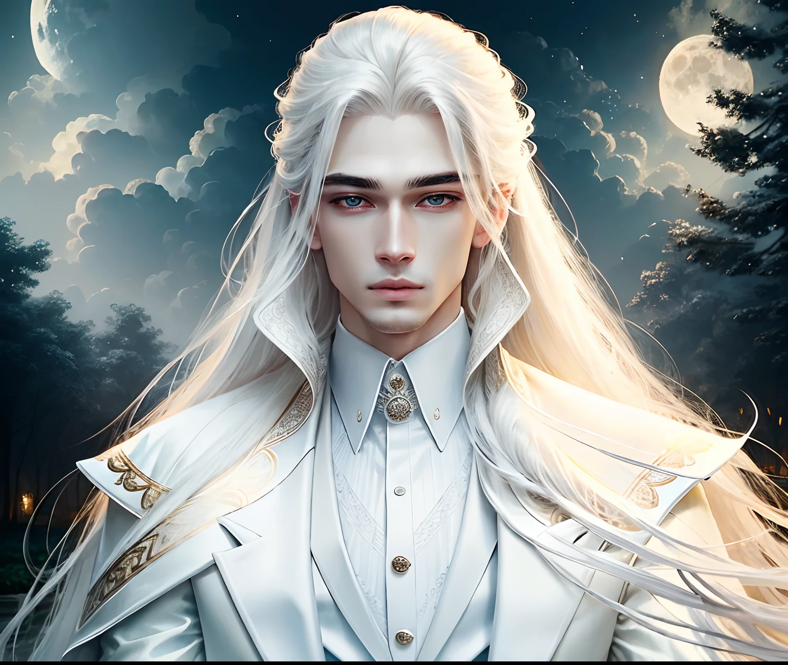 masterpiece, highest quality, (solo), (perfect face:1.1), (high detail:1.1), (hyper detailed eyes), dramatic, 1guy, (pale skin), long white hair, ethereal eyes, (light eyebrows), solo, long hair, sephiroth, moon, night, white luxury suit, pouty lips, fur, proud expression, garden, detailed background, art by artgerm, cinematic lighting, roses, fashion, BalenciagaStyle
