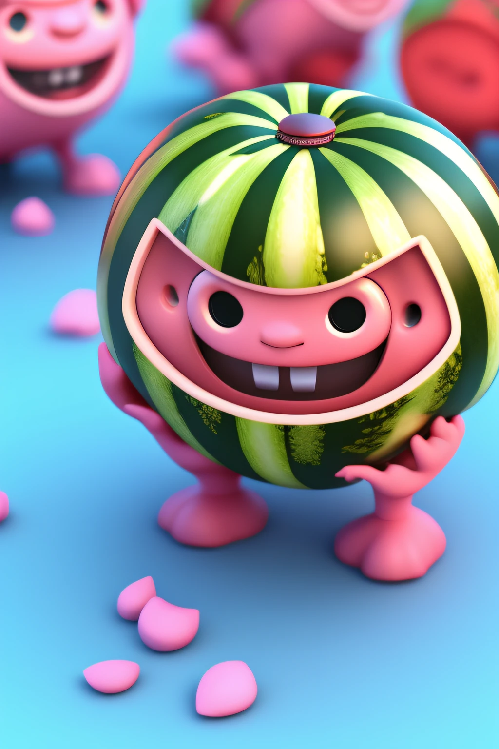Blind box watermelon IP，cartoony,There are hands and feet,full bodyesbian,frontage，Delicate facial features，delicated，adolable，Maintain consistency，the background is clean，natural  lightting，8K，Best Picture Quality，Super meticulous,3D,C4D,Blender，OC renderer，3Drenderingof，