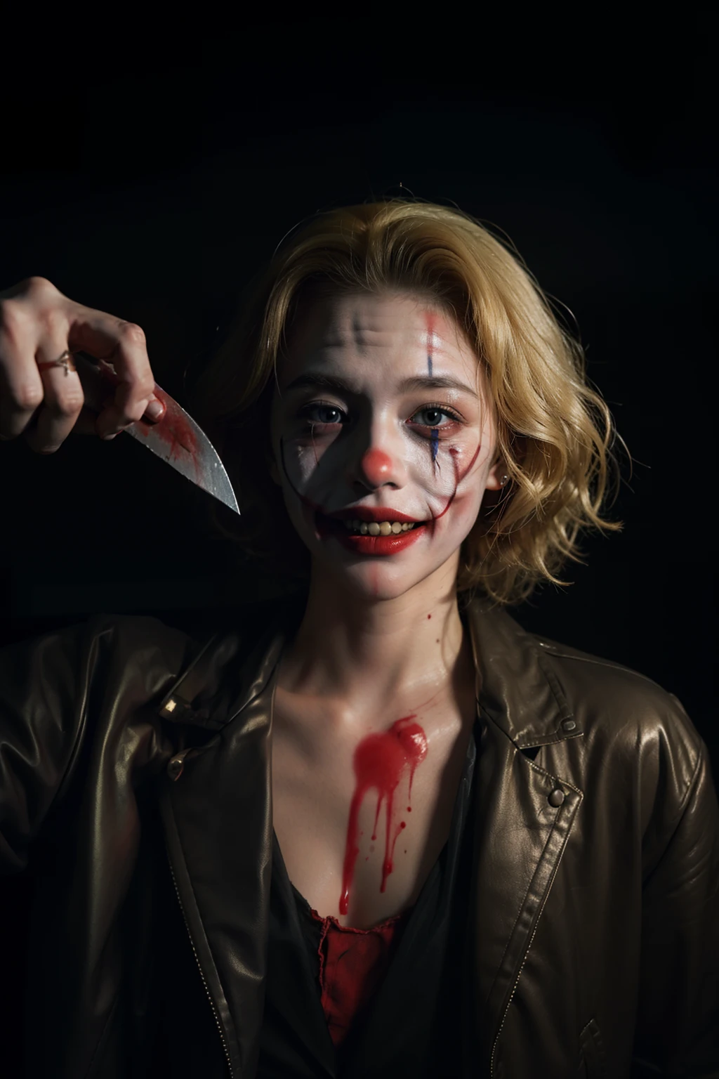 a blond、macabre smile、clown、Demolished amusement park、zombie、Covered in blood、Like the Joker、tatteredclothing、Yellow teeth、Bloody knife