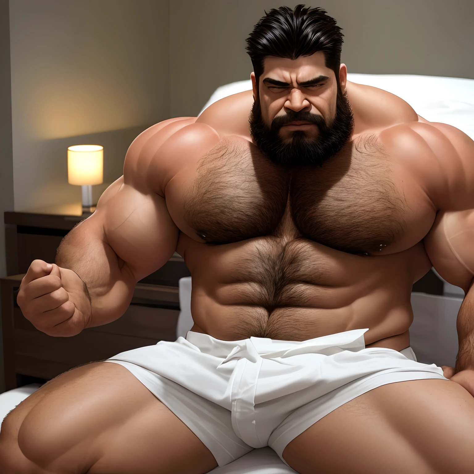 Uncle Banner the Hulk in the Avengers,Male uncle,A little bearded,Strong body,big breasts slightly fat,Short black hair,The upper body wears a white shirt,The shirt is fully unbuttoned,Exposes the pectorals and abs,The lower body is wearing khaki trousers,There is chest hair,The arms are hairy,Thick hairs on the calves,Body hair on the buttocks,sit on a bed,Spread your legs,Legs raised,Expose the thick soles of your feet,Wrap your hands around your thighs,Butt forward,Sweaty face,Covered in sweat,The expression is shy