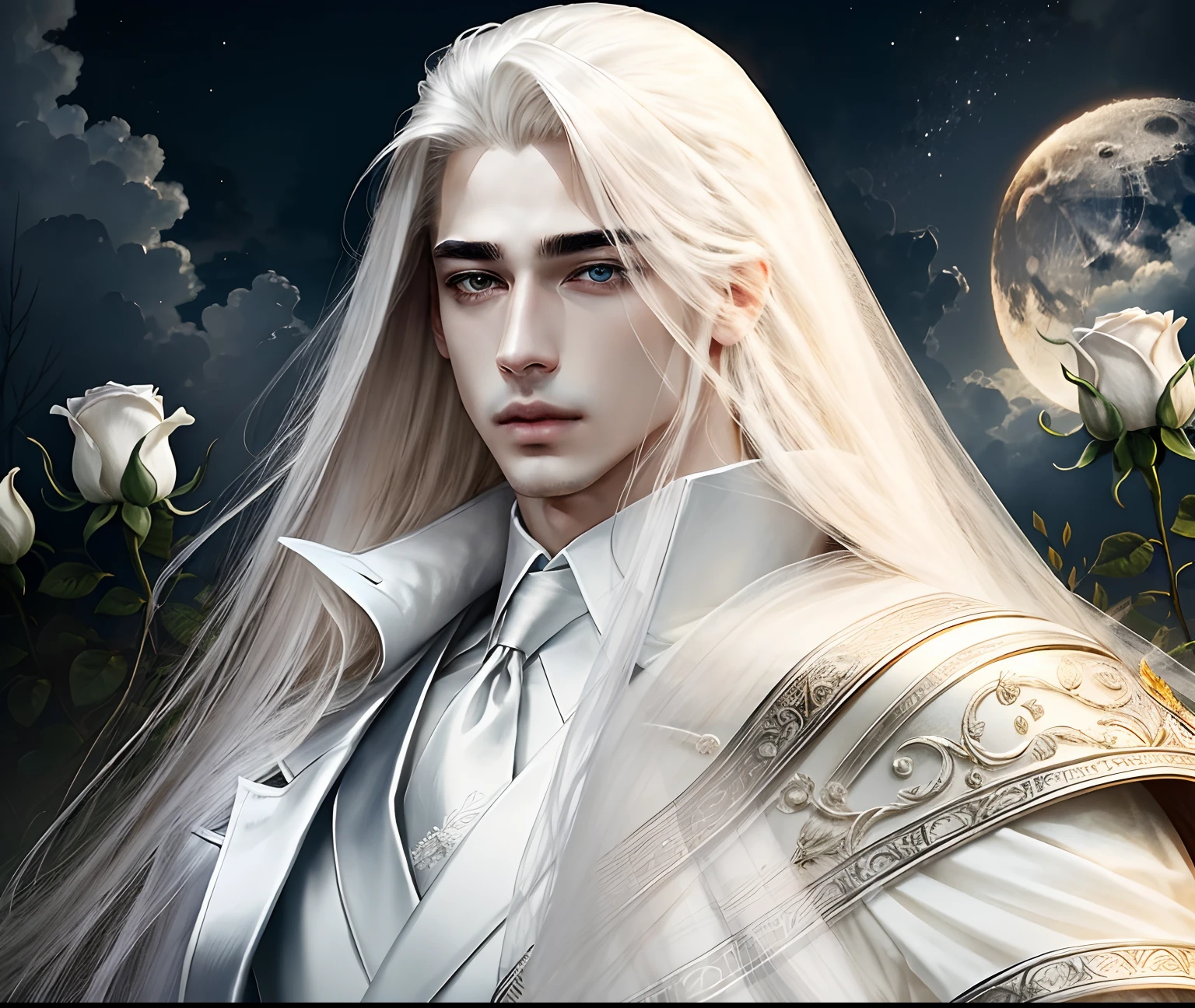 masterpiece, highest quality, (solo), (perfect face:1.1), (high detail:1.1), (hyper detailed eyes), dramatic, 1guy, (pale skin), long white hair, ethereal eyes, (light eyebrows), solo, long hair, sephiroth, moon, night, white luxury suit, pouty lips, fur, proud expression, garden, detailed background, art by artgerm, cinematic lighting, roses, fashion, BalenciagaStyle