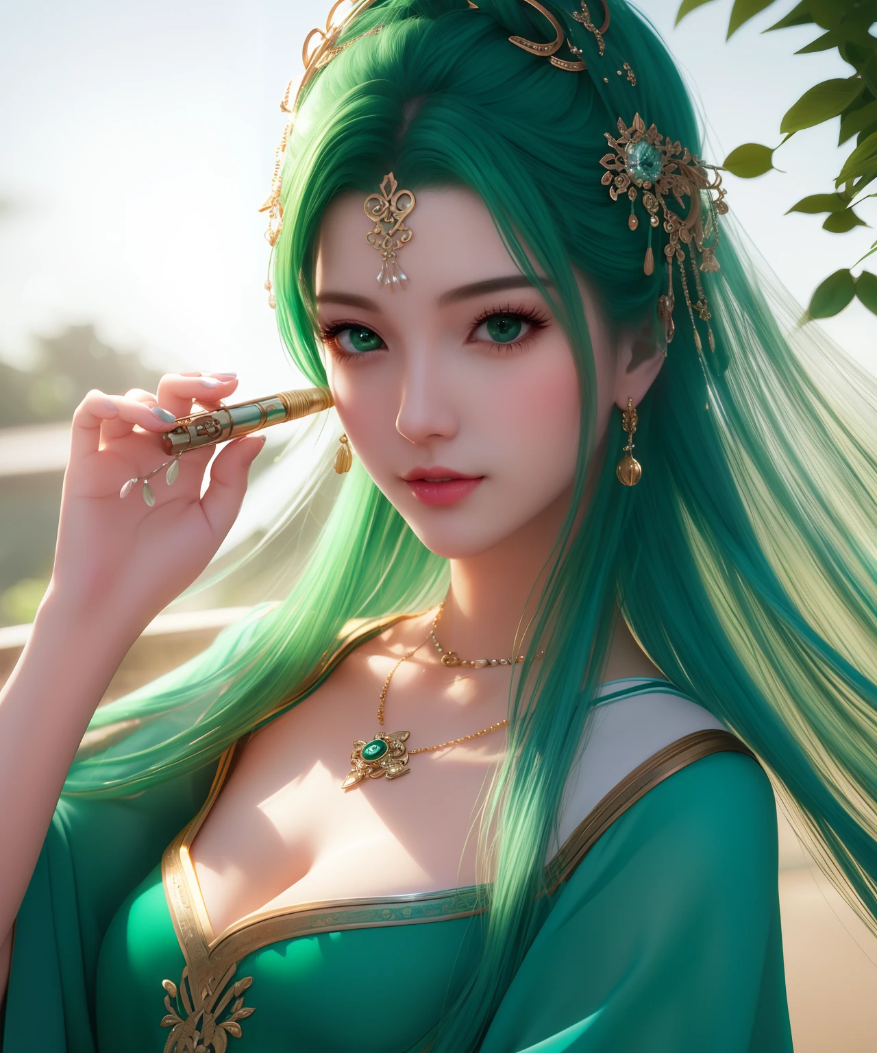 beste-Qualit, master-piece, Tall, 1girls, china dress, Hair ornaments, necklace, ornament, Beautiful face, When the body, Tyndall effect, photorealistic portrait, , two-color light, (highly detailed skin:1.2), 8k uhd, dslr, Soft light, High Quality, Volumetric lighting, honest, Photograph, high-res, 4k, 8k, Green hair tied up. Green eyes, flute holder.