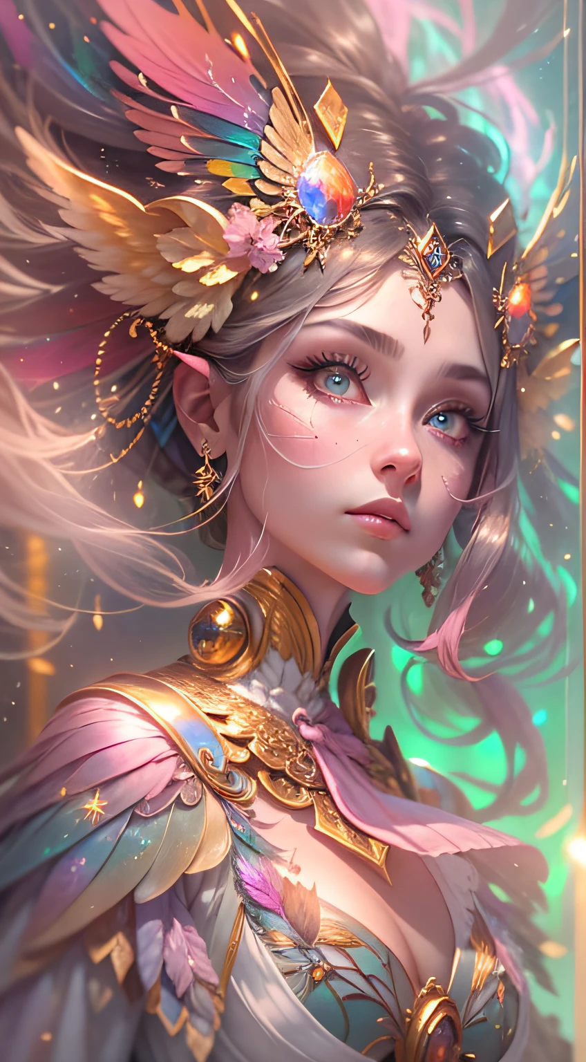 (((Masterpiece))), (((Best quality))), ((Ultra-detailed)),(Highly detailed CG illustration), ((An extremely delicate and beautiful)),Cinematic light, Create stunning fantasy artwork，Imitate the style of the genre masters of the day. The work should contain elements of mythological fantasy and fairy tale fantasy，And with colorful accents. ((Various shades of pink and watercolor pastels are used as the main color scheme.)) The character in the work is a delicate but strong petite character，Exudes an aura of mystery and magic. Pay close attention to intricate facial features, For example, mesmerizing eyes，Bright colors and bold shadows. The character's clothes should be designed with gossamer feathers, Silk, Amazing embroidery, and subtle iridescent details. Blend in with fantastic colors, Dynamic lighting, and detailed background elements，Create a sense of awe and immersion. These include colorful flying magic birds and jewel-colored butterflies that emit a magical halo. Consider the latest trends in fantasy art, such as incorporating unique lighting effects, Explore dynamic and engaging composition techniques, And try a unique color palette. Take inspiration from top artists on ArtStation and Midjourney. camera: Choose an angle that highlights the beauty of your character，Enhance the magical majesty of the artwork. lighting: Use atmospheric lighting technology to create depth and atmosphere. Resolution: Aim for high-resolution artwork，to showcase intricate detail and clarity. Artistic inspiration: Get inspiration from popular artists on ArtStation, Explore different styles, Sexual huge breasts cleavage, and the theme.
