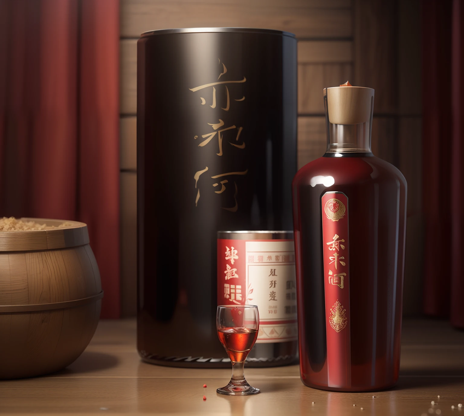 Alcohol product rendering，Realistic and realistic，China-style，With the colors of the Red Army