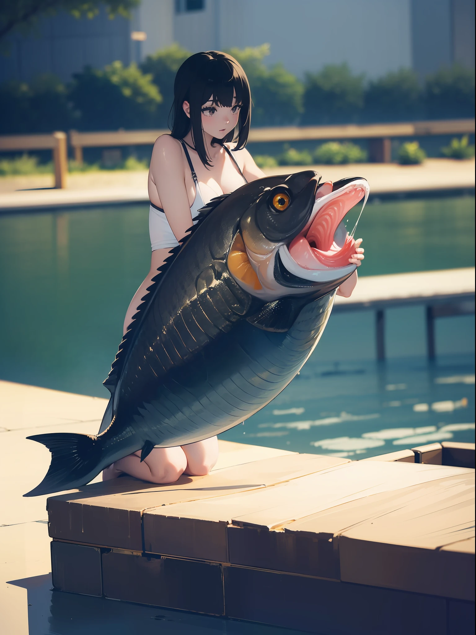 ((((Catchig a big blackbass by the lake)))),((Best Quality, masutepiece :1.3)),((( large mouth bass))),hight resolution,ultra-detailliert,Official art,Beauty and aesthetics,masterpiece,best qualtiy,ighly detailed,1 Japanese woman,Black hair, long eyeslashes, Solid Circle Eyes, deadpan, drop shadow, Atmospheric perspective,Super Detail, ccurate, Best Quality, small tits,Black jacket,top-quality, 8K, nffsw, Hi-Res, absurderes:1.2, blurry backround, bokeh dof:1.2, a picture, (Raw photography:1.2), (Photorealsitic:1.4), (masterpiece:1.3), (intricate detailes:1.2), Atmospheric perspective,Super Detail, ccurate, Best Quality,