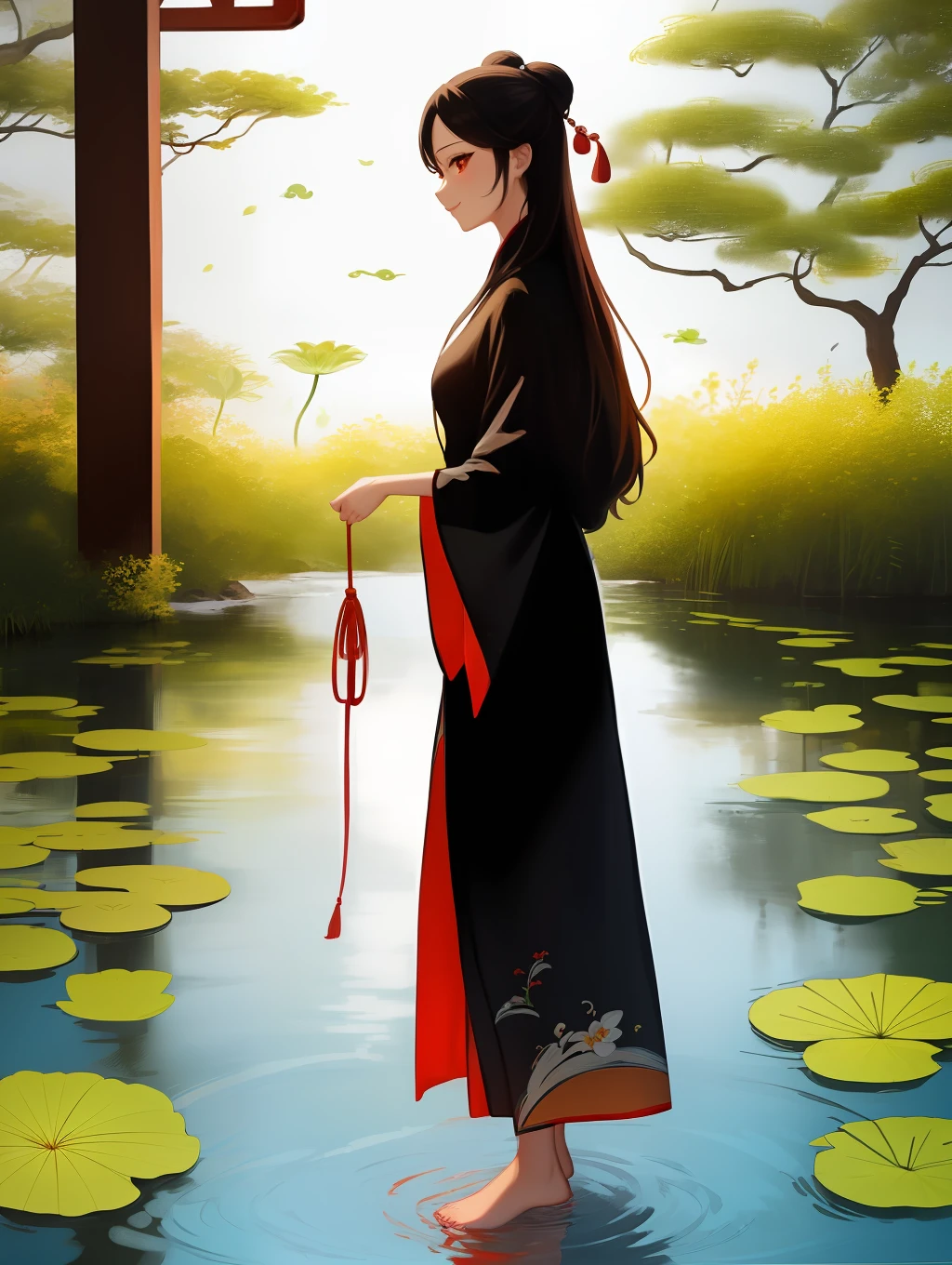 ((4k,masterpiece,best quality)), shuimobysim, Traditional chinese painting, lotuses, Hanfu, maxiskit, Dress conservatively 1girl, solo, cabelos preto e longos, ssmile, standing on your feet, Feet in the water, The barefoot,Red eyes