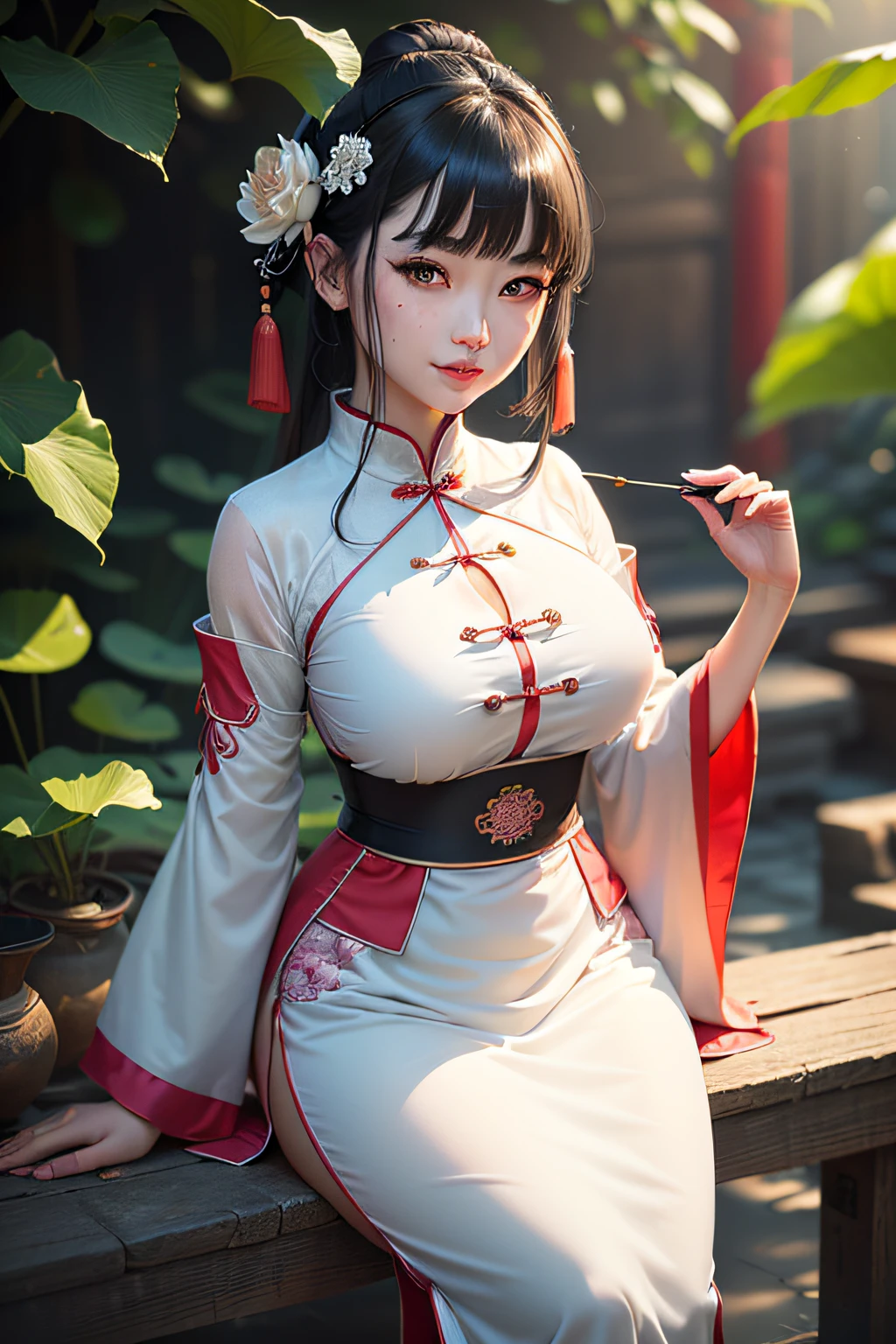 Woman in gray Chinese style, White shirt and black hair, anime big breast, head portrait, Black color hair, largeeyes, Clear face, bangs, Moles under eyes, Light smile, Bright pupils, puckered lips, In nature, lotus flower, Big avatar, bangs, Moles under eyes, Light smile, Bright pupils, puckered lips, Keep your clothes conservative, ssmile, Wearing ancient Chinese clothes, with acient chinese clothes, Traditional Chinese clothing, Chinese costume, projected inset, anime style, Masterpiece, Best quality, Super detail