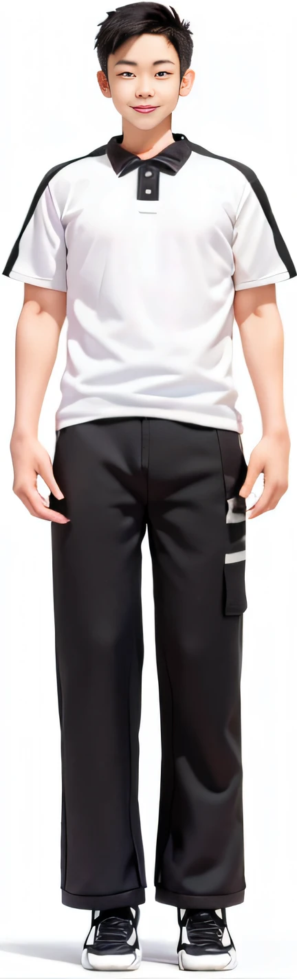 Asian male junior high school student,White loose T-shirt,Black loose sweatpants,Black and white shoes,Happy smile