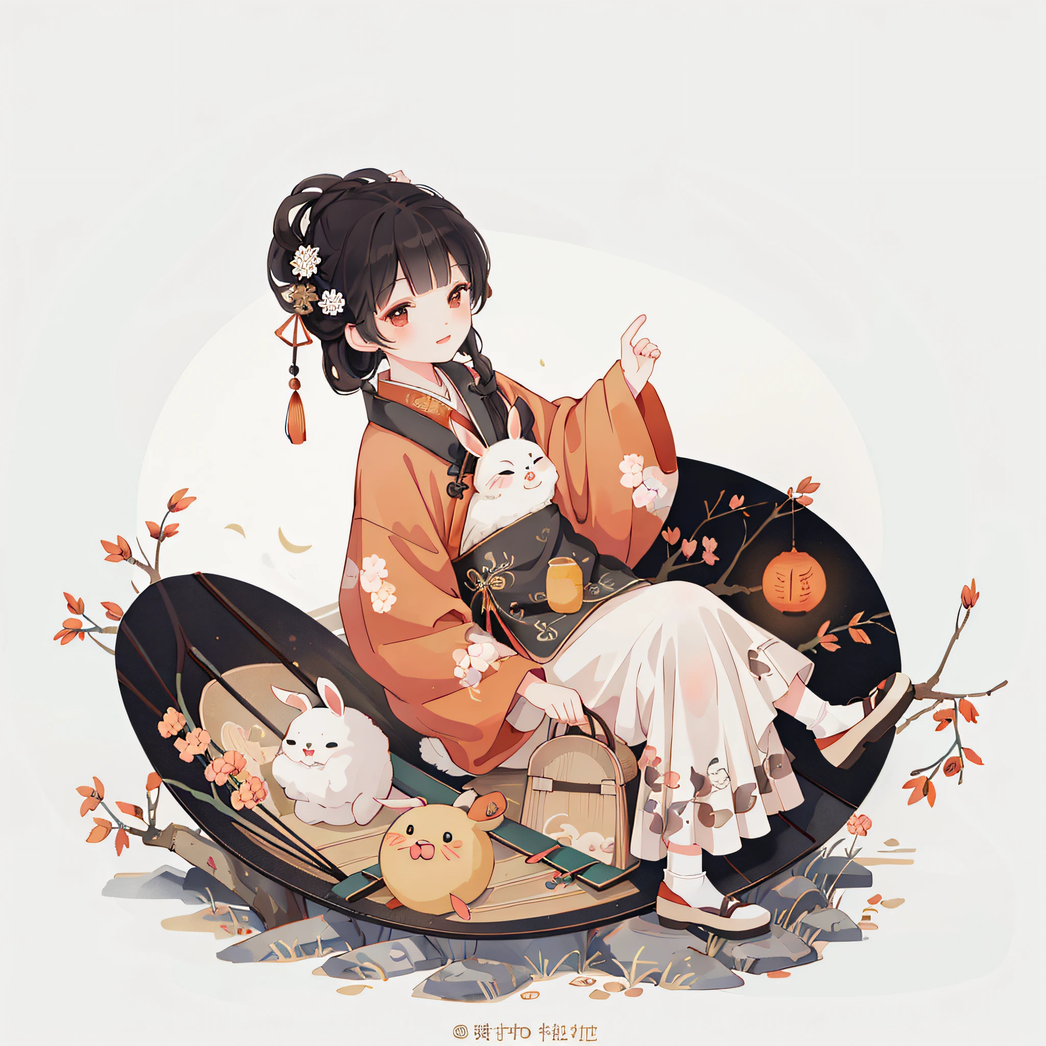 (A rabbit:1.4), sat on the ground, Looking up, Mid-Autumn Festival atmosphere, Traditional Chinese illustration style, Digital art, Simple background, A masterpiece on white background, Best quality, Ultra-detailed, High quality, 4K