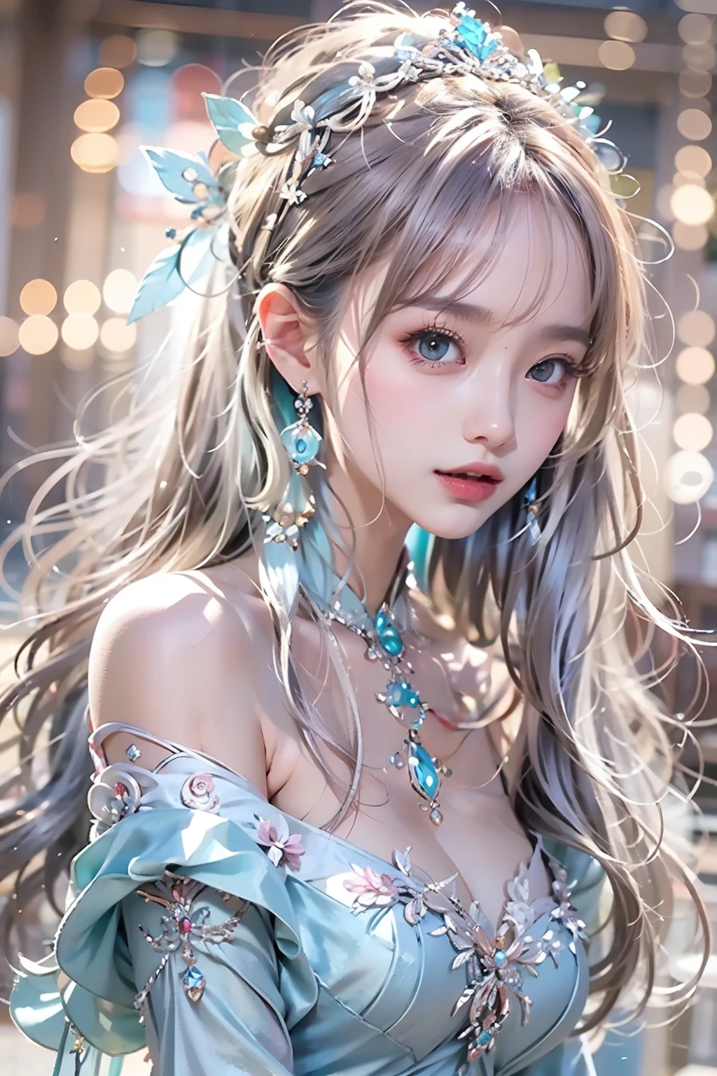 best qualtiy， tmasterpiece， 超高分辨率， （realisticlying：1.5）， RAW photogr， 1girll, silber hair, long whitr hair，hair adornments，bshoulders，Cold and glamorous，Raised sexy，Cyan and pink tulle dress, Detailed scenes, amazing pose, Eye-catching accessories, Picturesque