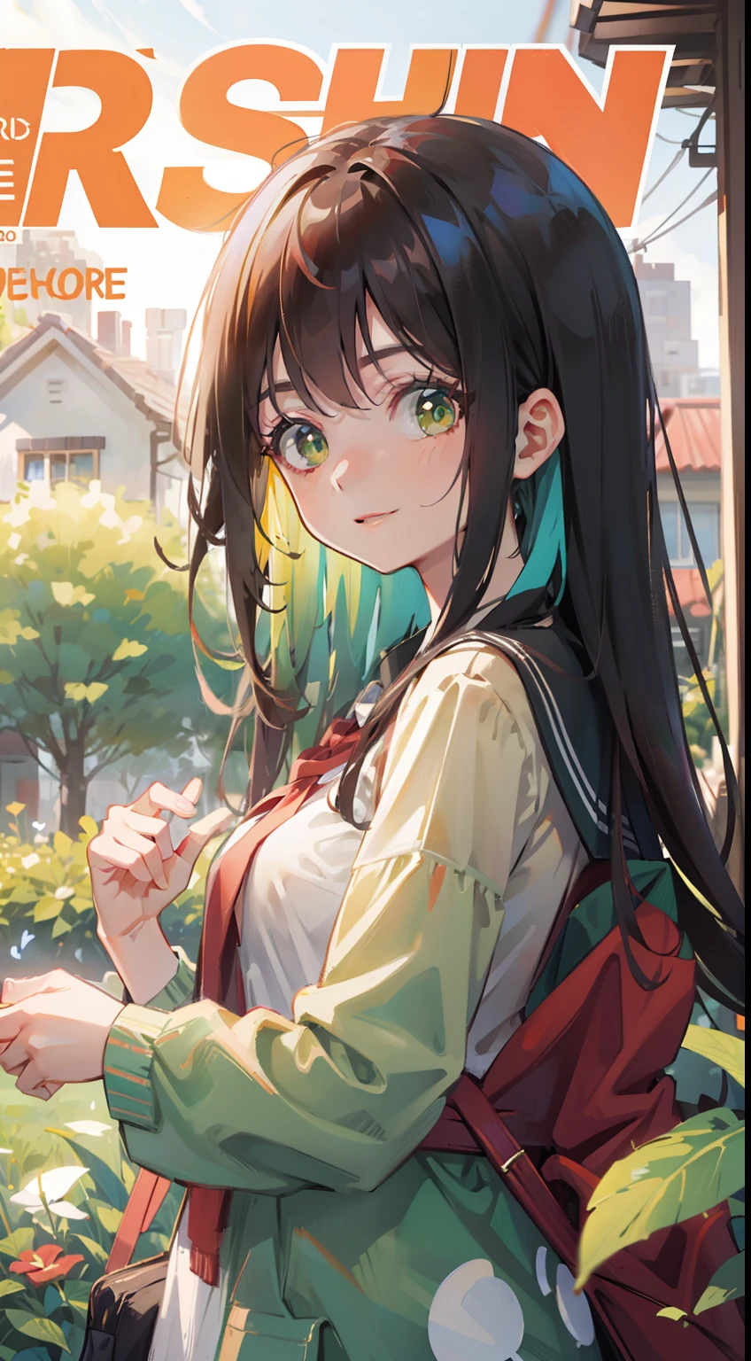 masterpiece), best quality, beautiful detailed hair detailed face, ultra high res, sharp focus, ((1 woman, solo)), perfect feminine face, upper body, magazine cover, (at the noon time:1.5), (from front), in garden, leaf, butterflies, look at viewer, (colorful comfy clothes:1.5), ((beautiful shape eyes, green eyes)), chesnut brown hair, flowing long hair, smiles, hands on back